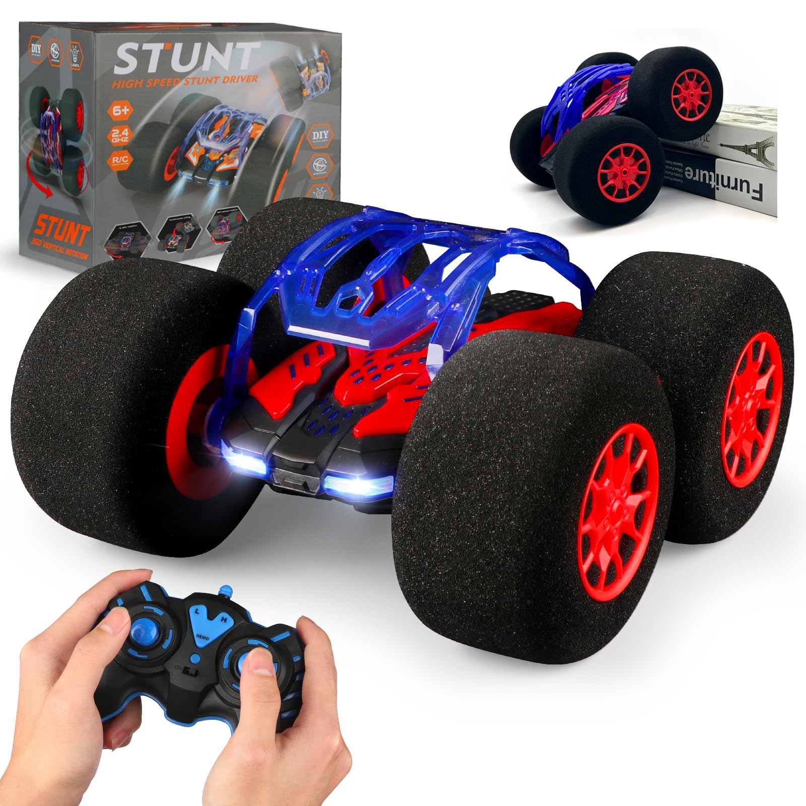 pinkking Stunt Remote Control Car with Oversized Sponge Tires Outdoor Indoor RC Car 2.4GHz Electric Race Stunt Vehicle Toy Double Sided 360° Rolling Rotating Driving Car for Kids Boys Girls Gift