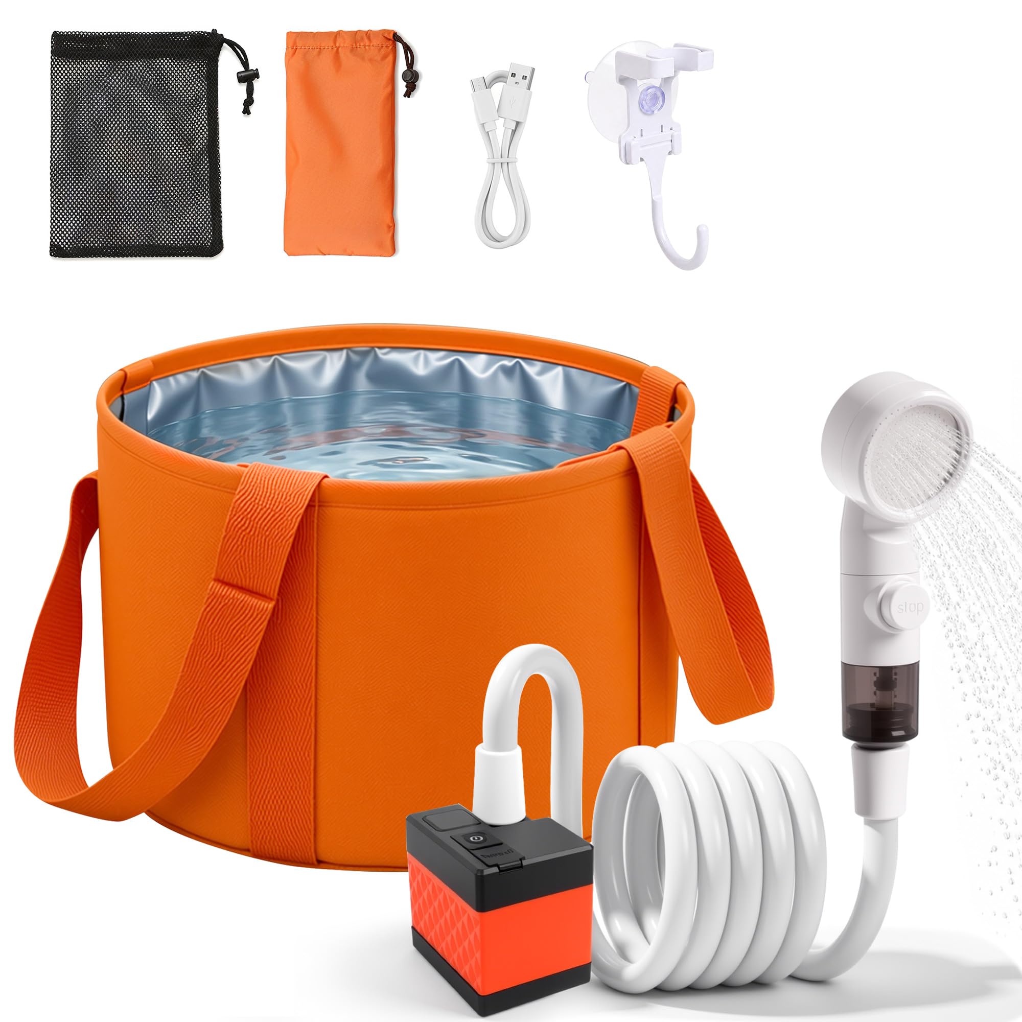 Aidoclip Pompa doccia portatile da campeggio con 12l pieghevole | Kit doccia alimentato a batteria, display della temperatura, soffione doccia a 3 velocità, tubo da 2,1 m, doccia per spiaggia