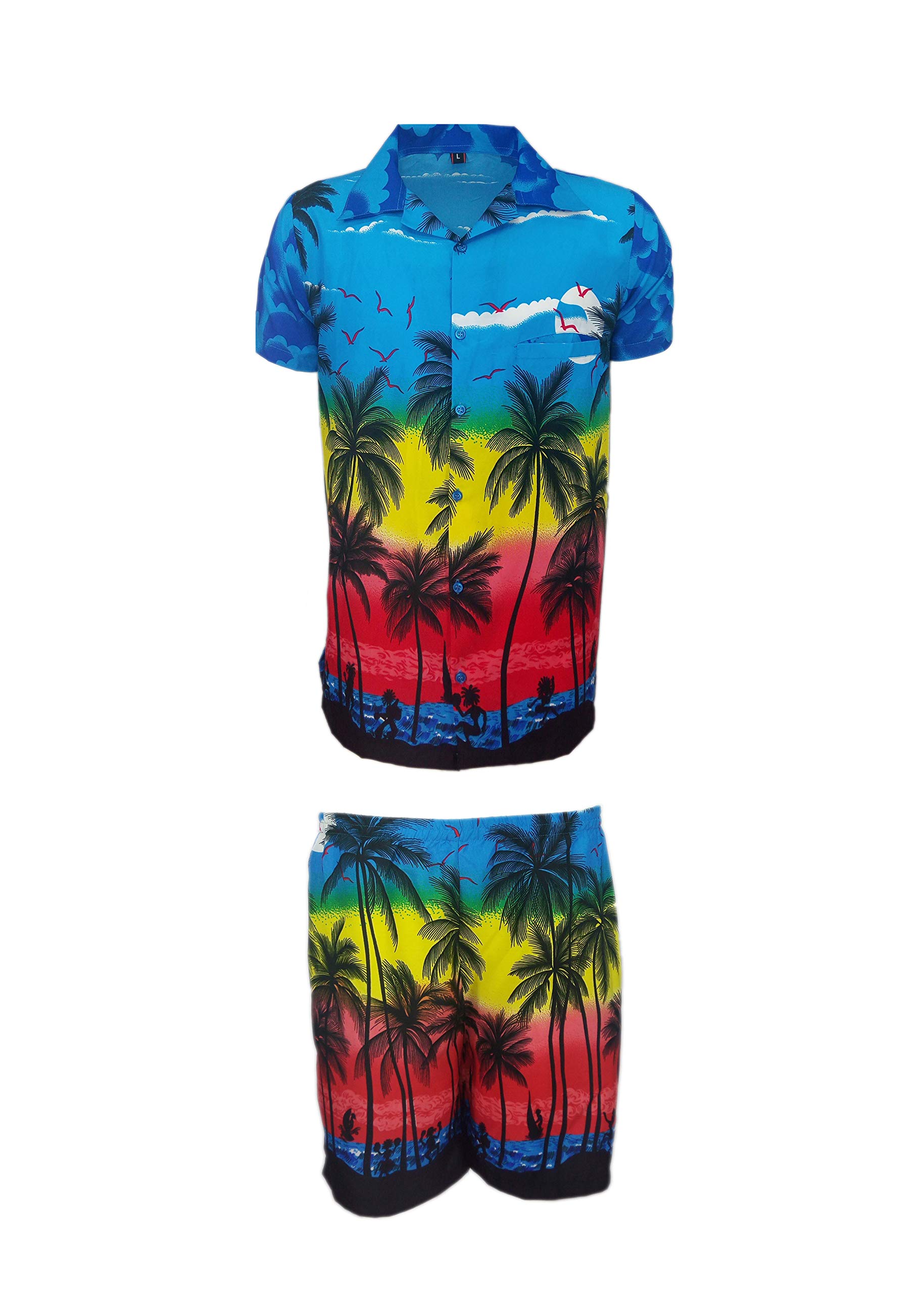KIKLO Mens Hawaiian STAG Beach Hawaii Aloha Party Summer Holiday Fancy Shirt and Short Set (B PALM SET, XL)