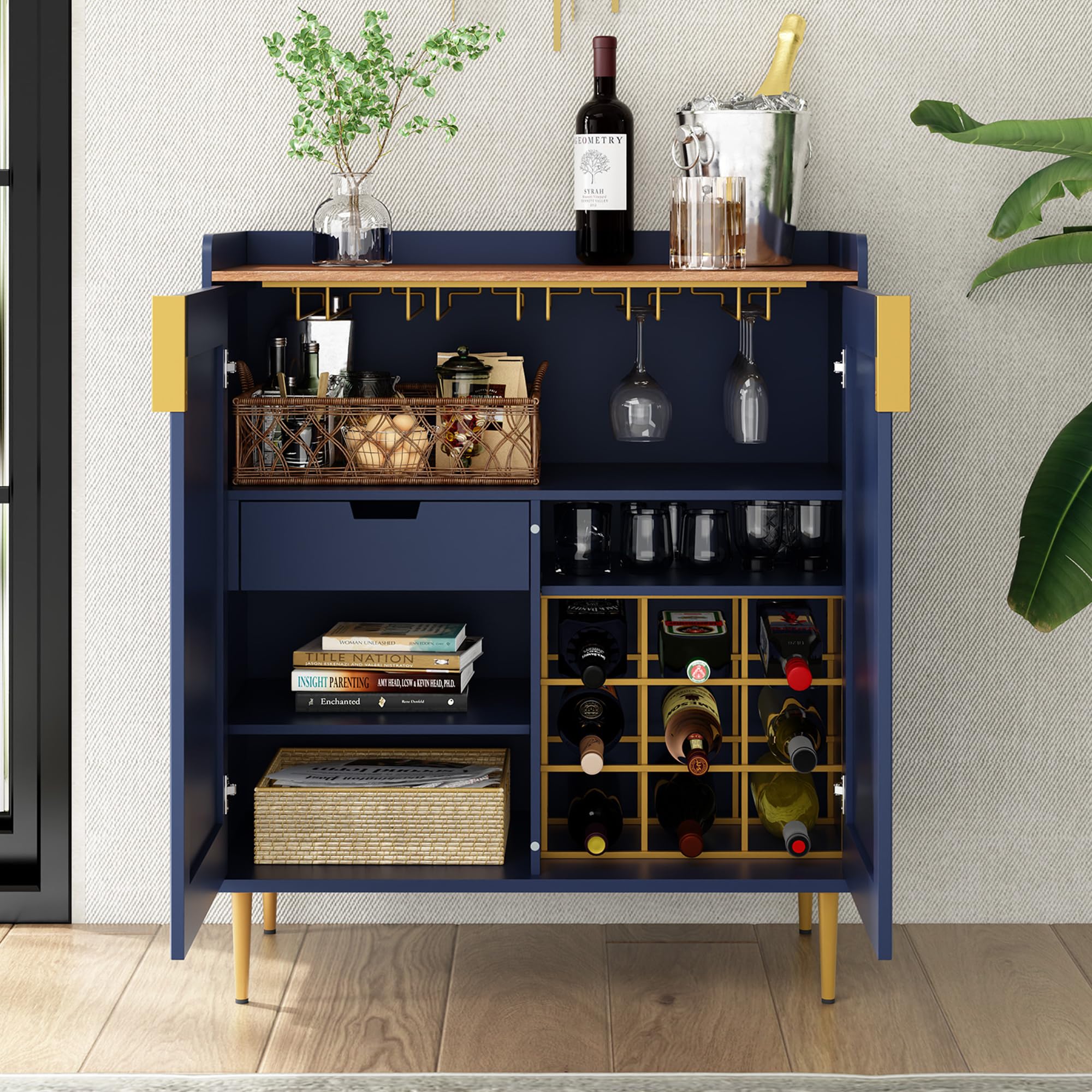 HOLTICO Gabinete de bebidas, gabinete de vino para 9 botellas, armario de bar con soportes de vidrio, estante de vino independiente, aparador, mesa de bar, buffet para sala de estar y comedor, color