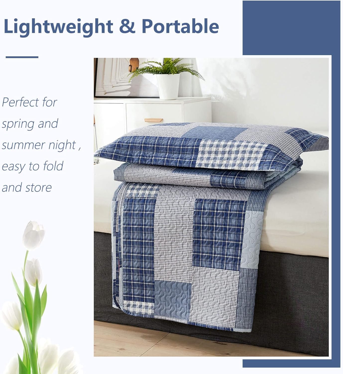 CHESITY Plaid Quilt Set Full/Queen Size Quilt 3-Piece Navy Blue Plaid Bedding Sets Reversible Lightweight Stripe Bedspread Grid Bedding Coverlet Patchwork Soft Quilt for Bed (90" x 90") - Image 4