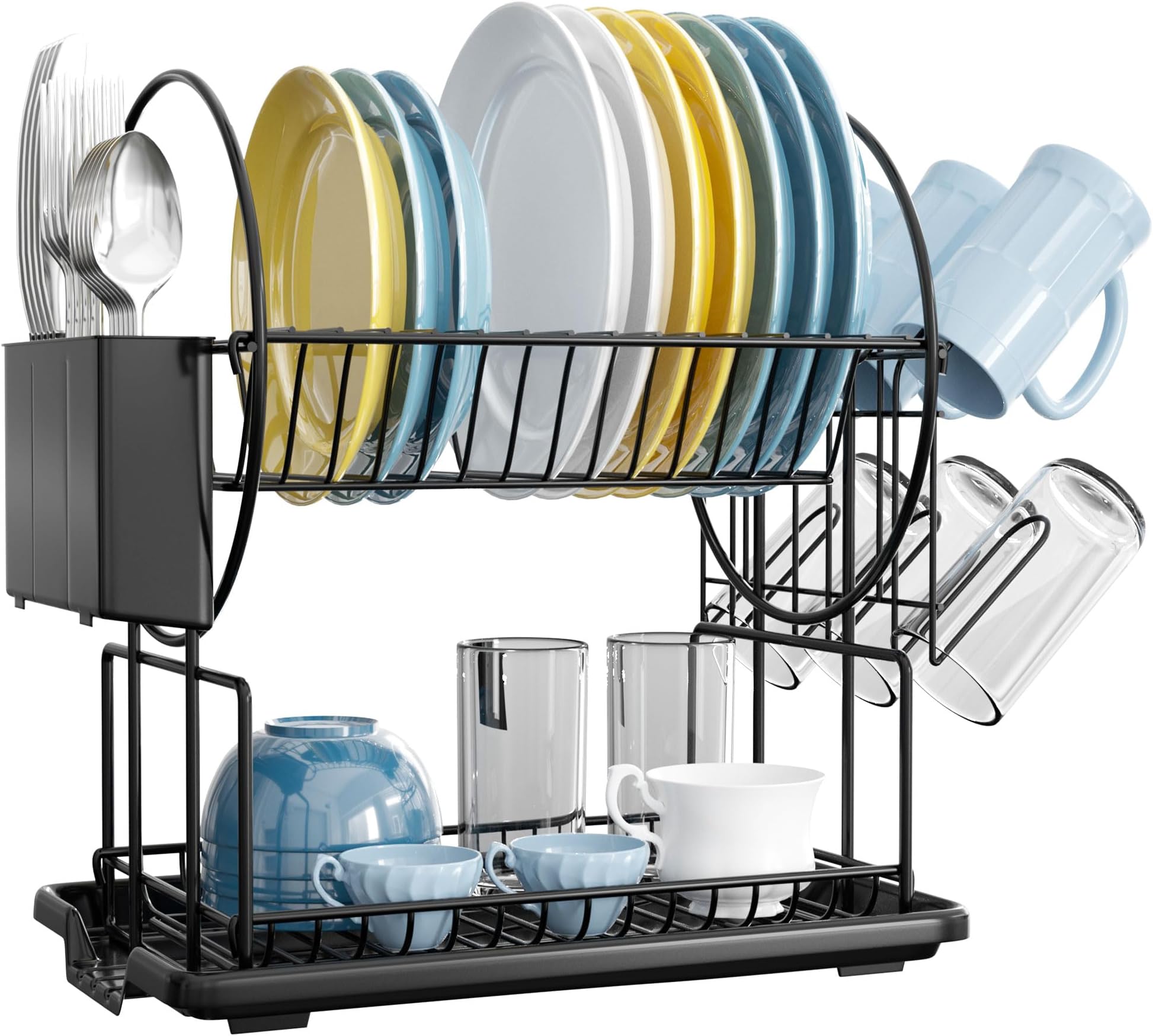 Egouttoir Vaisselle 2 Niveaux Noir - Inox - Avec Porte-ustensiles Et Bac Récupérateur D'eau