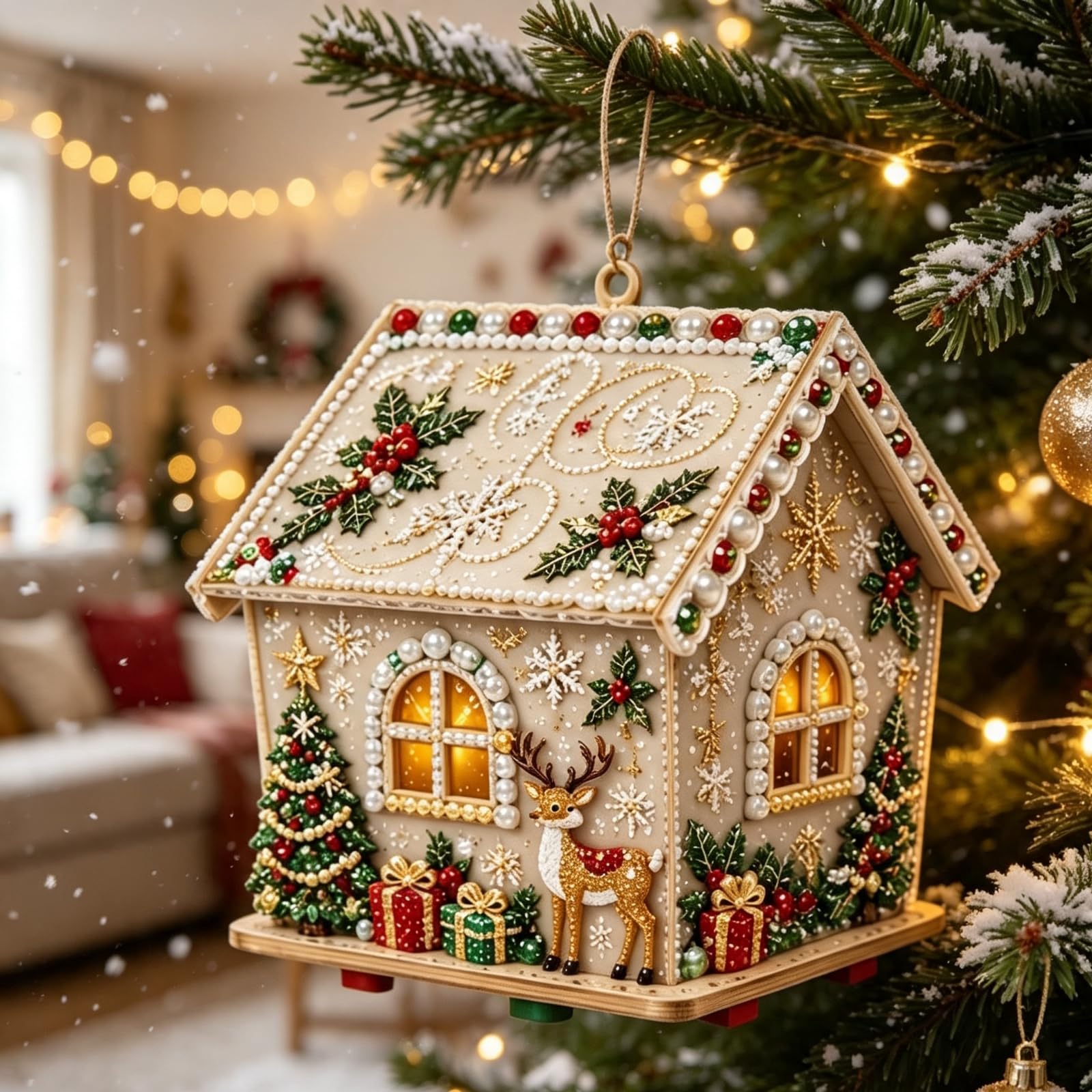 3D Wooden DIY Christmas House Pearl Diamond Painting Art Kit for Adults