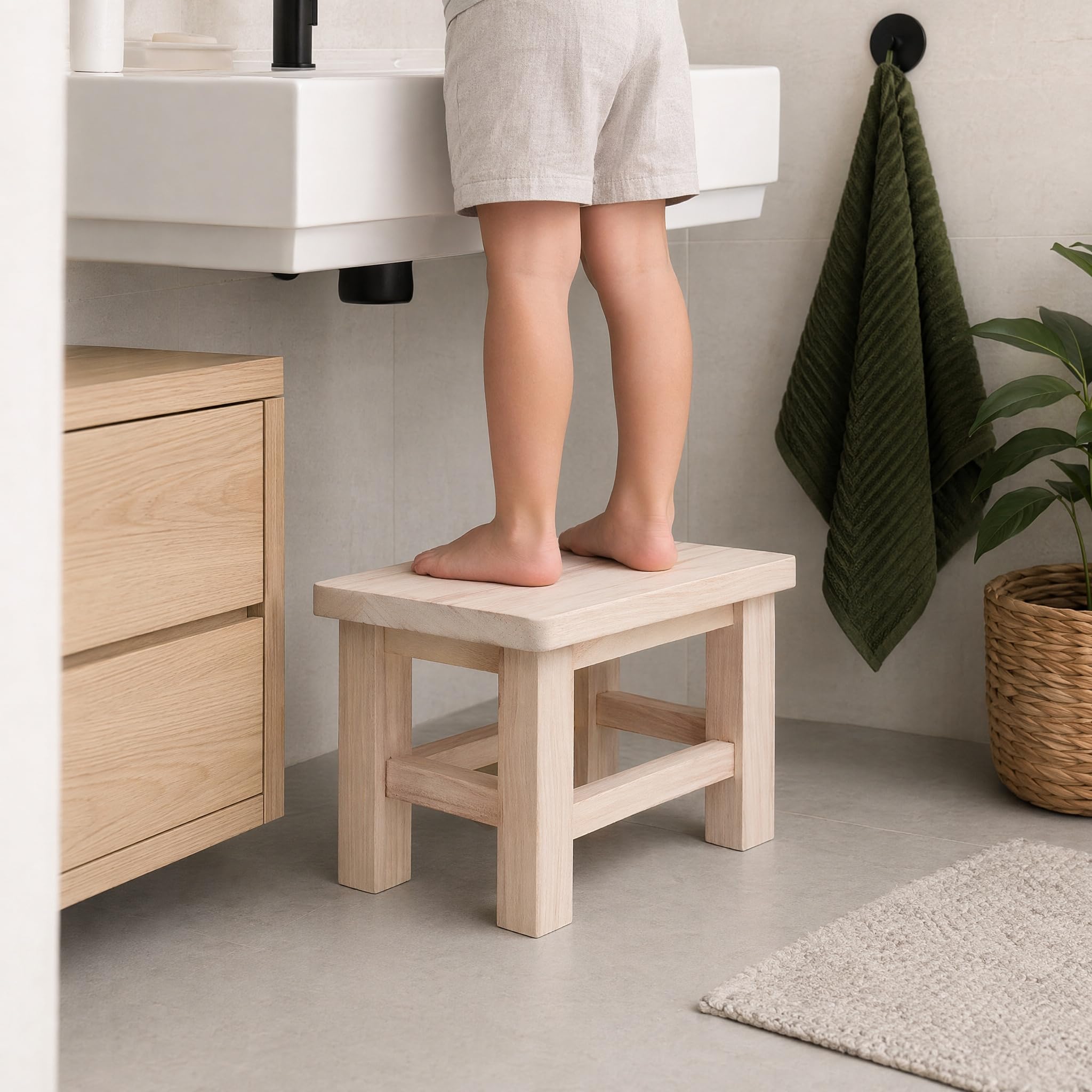 UKCOCO Holzhocker Massivholz 30×20×18 cm – Stabiler Tritthocker für Kinder & Erwachsene zum Händewaschen, Zähneputzen & Schuhwechsel – für Bad, Küche, Flur & als Blumenhocker | Für Bad & Küche, ideal für Kinder zum Zähneputzen, praktisch beim Schuhwechsel