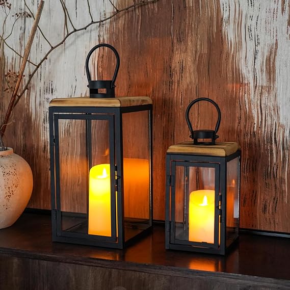 TRIROCKS Set of 2 Deacorative Large Candle Lantern Modern Hurricane Black Metal Candle Holder Outdoor Indoor Vintage Floor Lanterns for Home Decor Mantle Patio Porch Garden Wedding Table