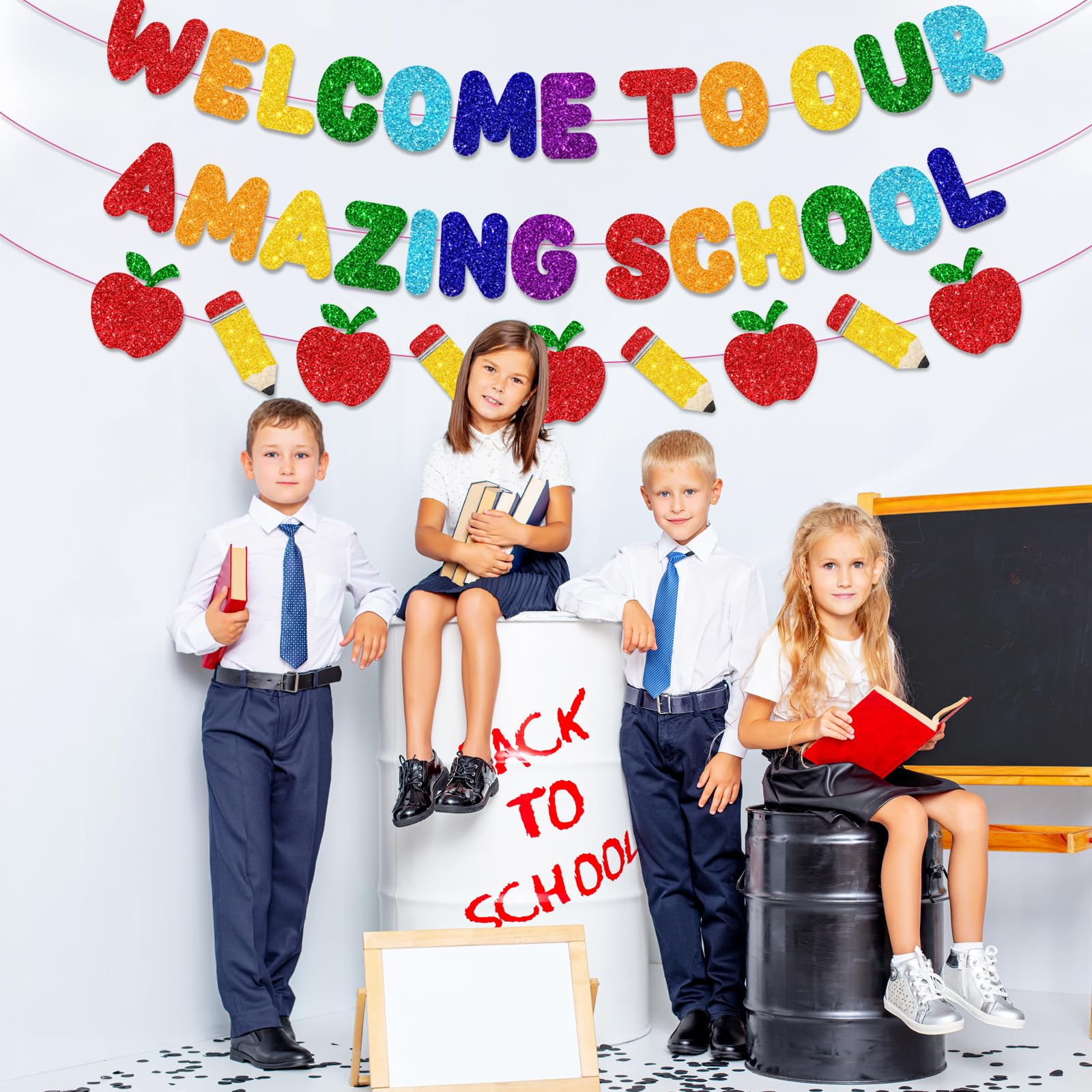 Bienvenido a nuestra increíble pancarta escolar, decoración de pancarta con purpurina para el día de regreso a clases