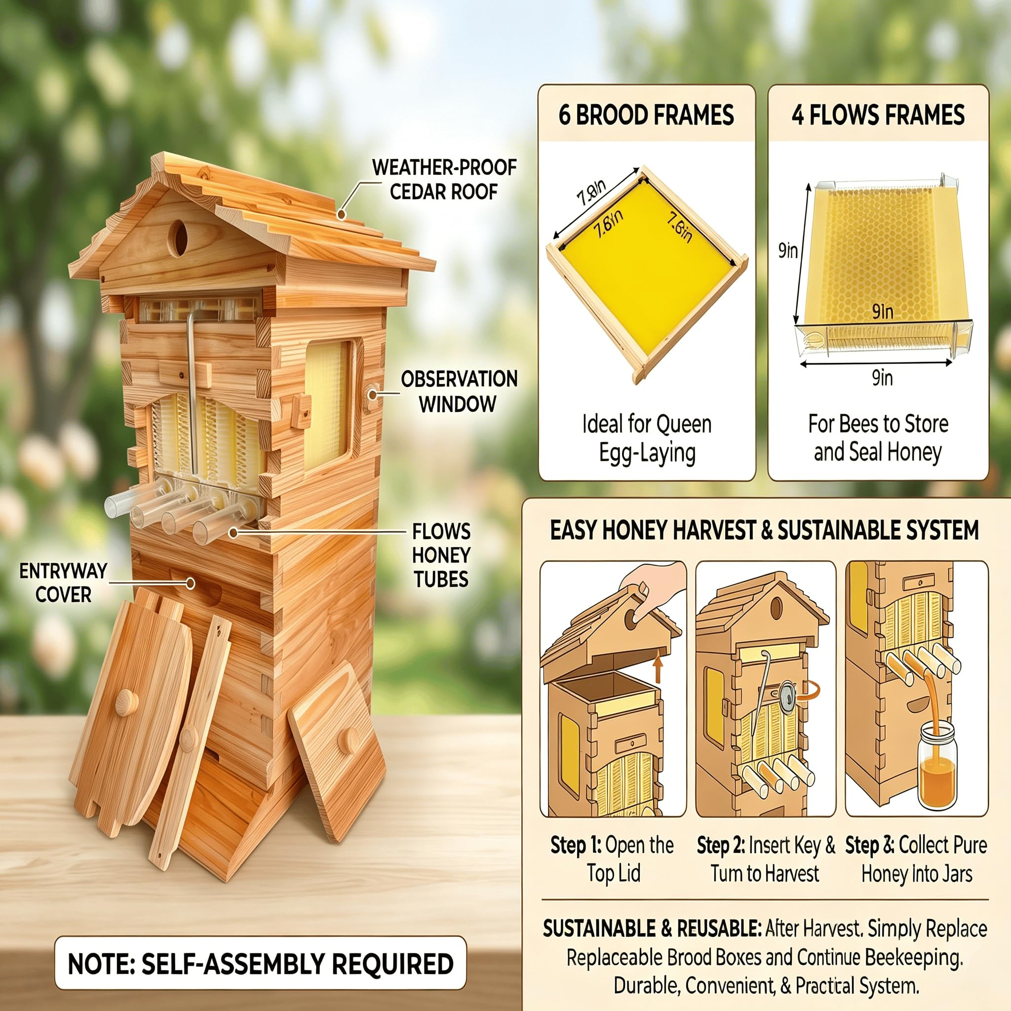 Flow Hive Imker-Starterset, Selbstfließende Bienenbox aus Holz mit Beobachtungsfenster & Honigauslauf,ideal für die Honigernte im eigenen Garten.