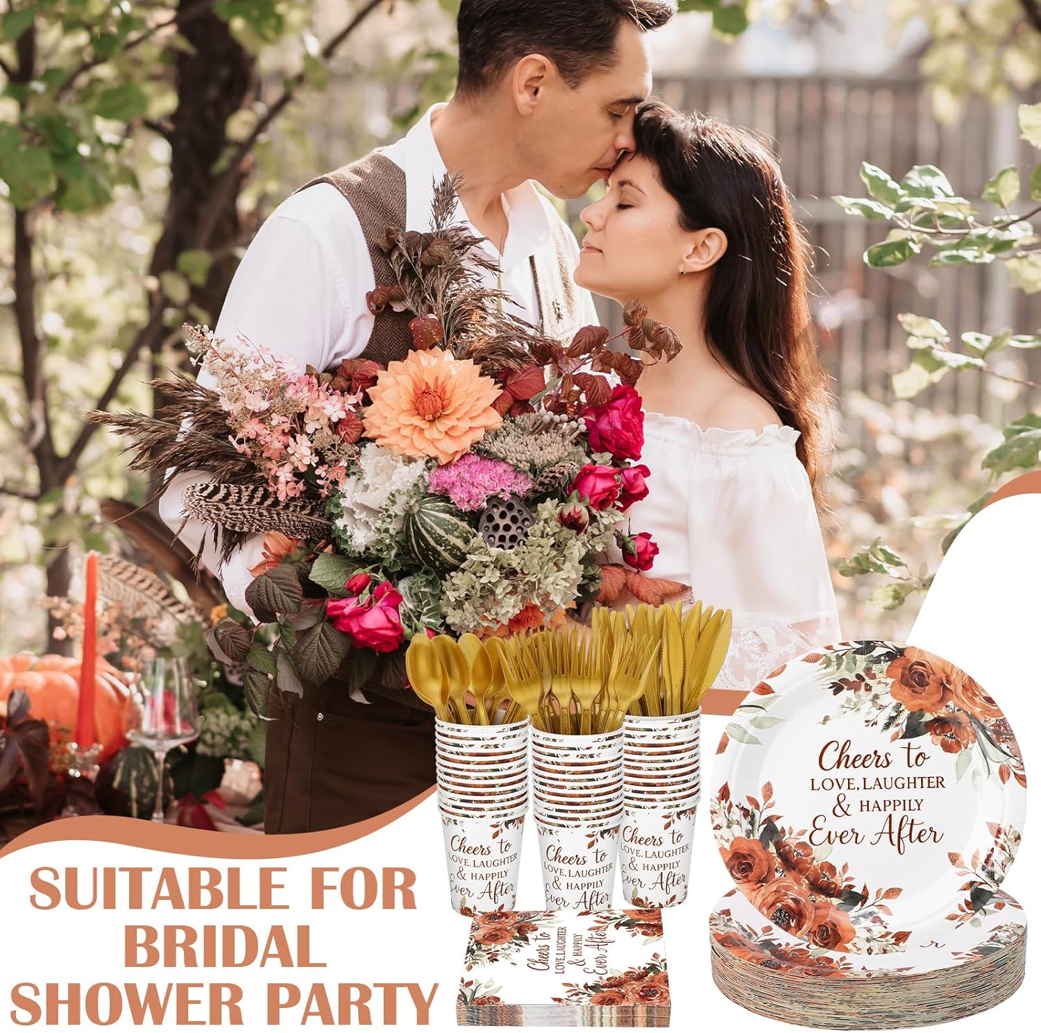 Shellwei 410 Pcs Terracotta Floral Wedding Decorations Fall Paper Plates and Napkins Set Disposable Party Tableware Sets with Cups Knives Forks Spoons Seat Card Favors for 50 Guests
