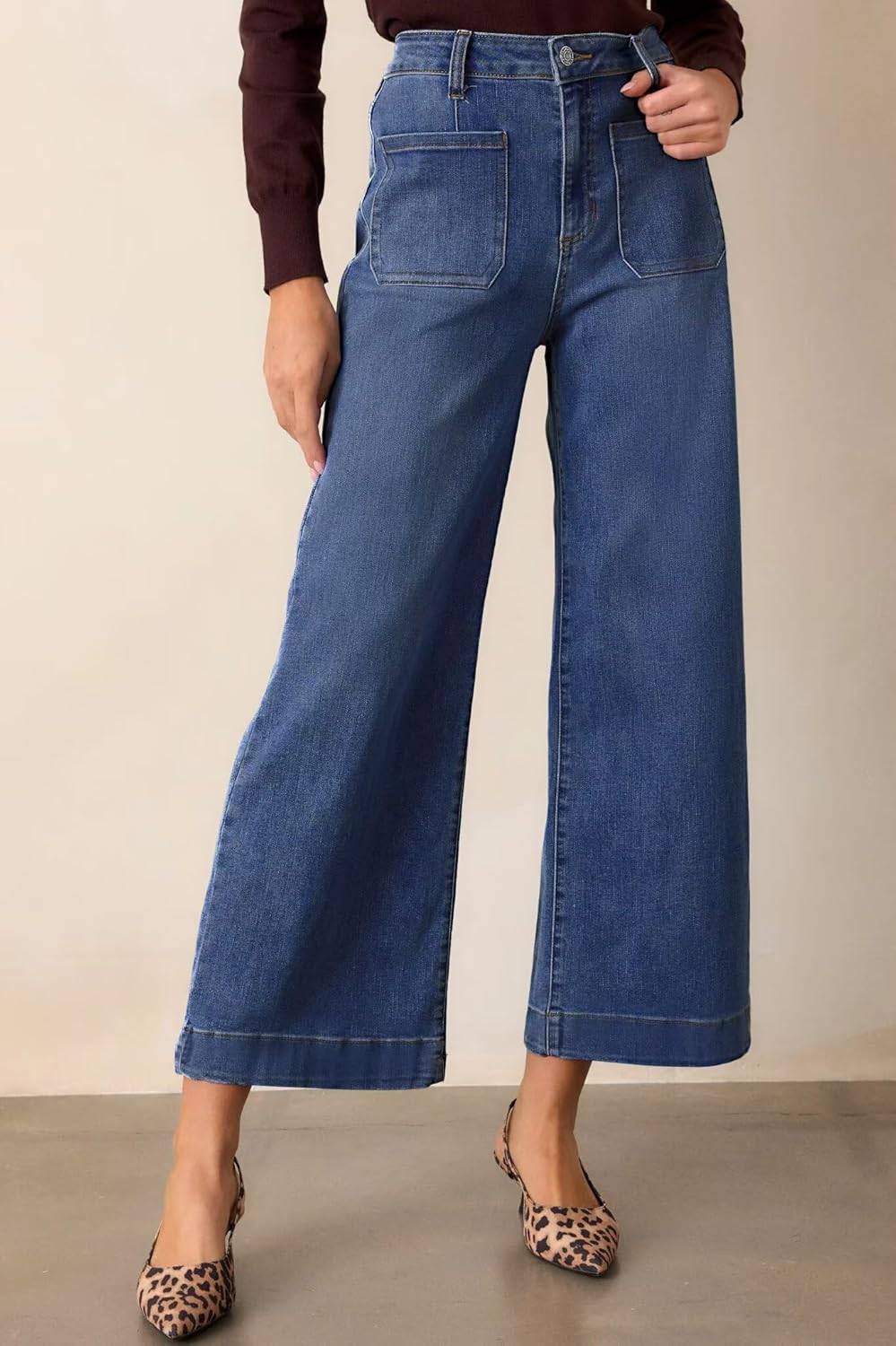 Allimy Women's High Waisted Cropped Wide Leg Jeans Stretchy Loose Denim Pants with Front Patch Pockets