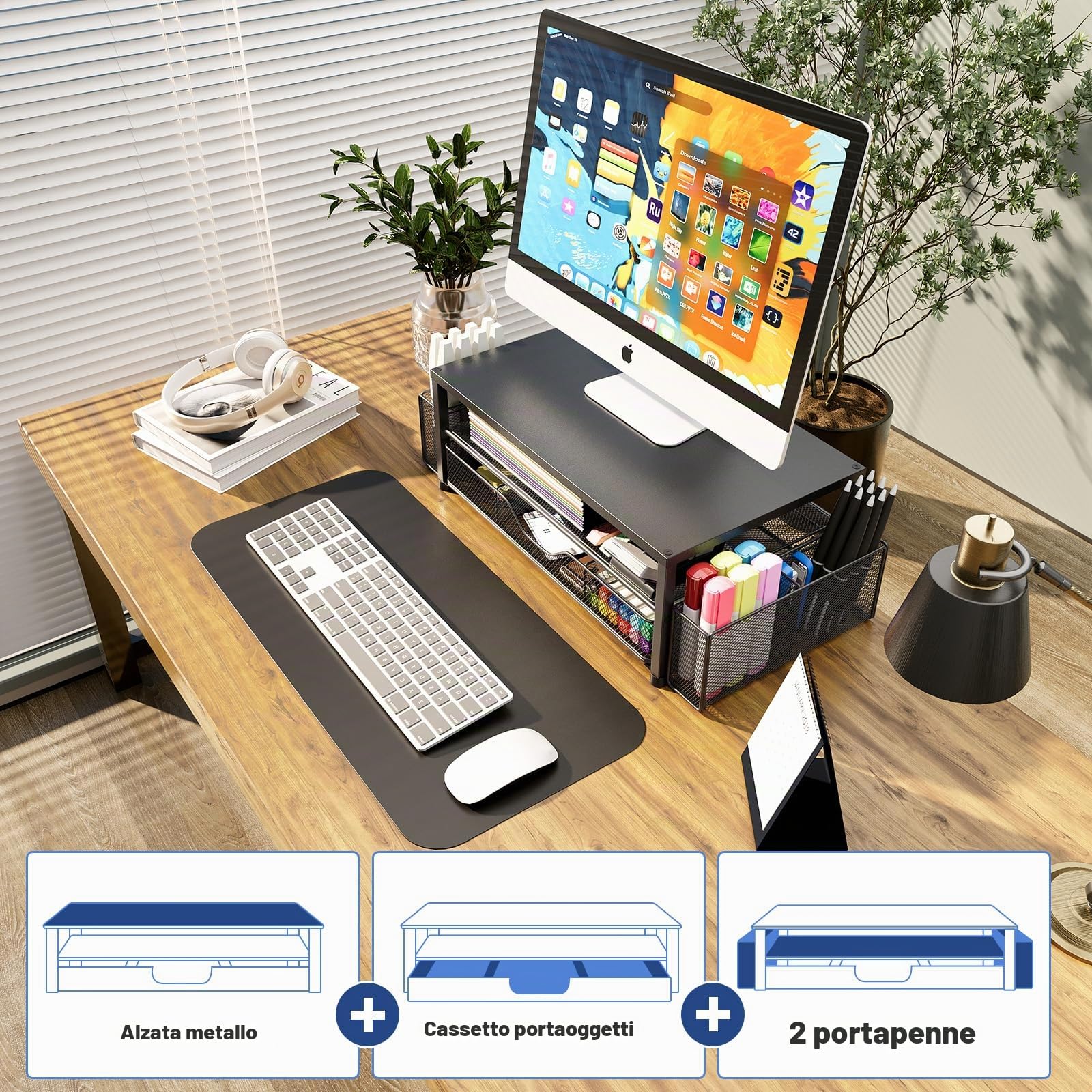 OPNICE Supporto per monitor a 2 livelli con cassetto e 2 portapenne, supporto per laptop, accessori da scrivania per ufficio, nero