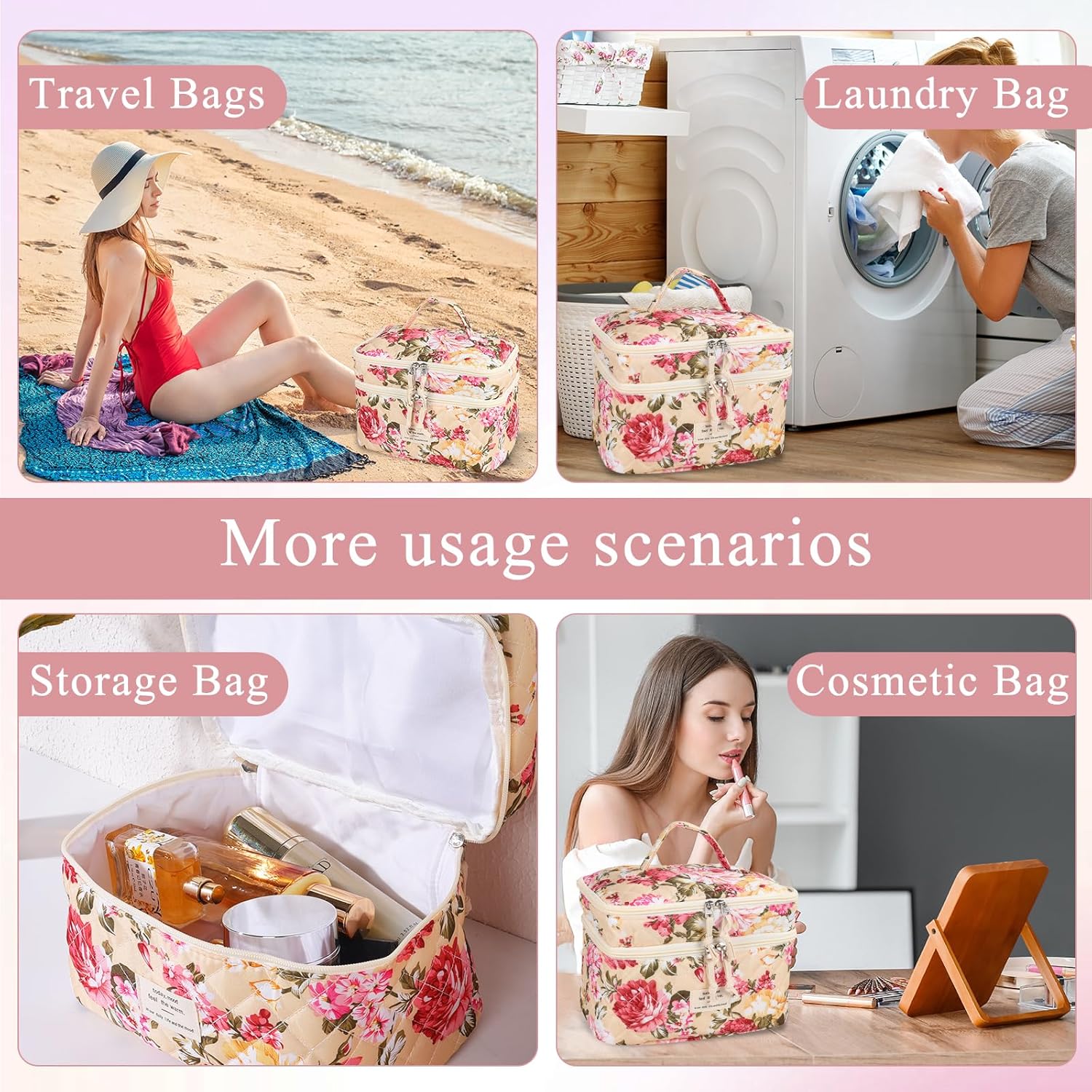 Anfly Makeup Bag, Quilted Cosmetic Bags, Large Floral Make Up Bag for Women, Cute Cotton Makeup Bag 3PC Set, Travel Toiletry Bag (Large Flowers) - Image 4