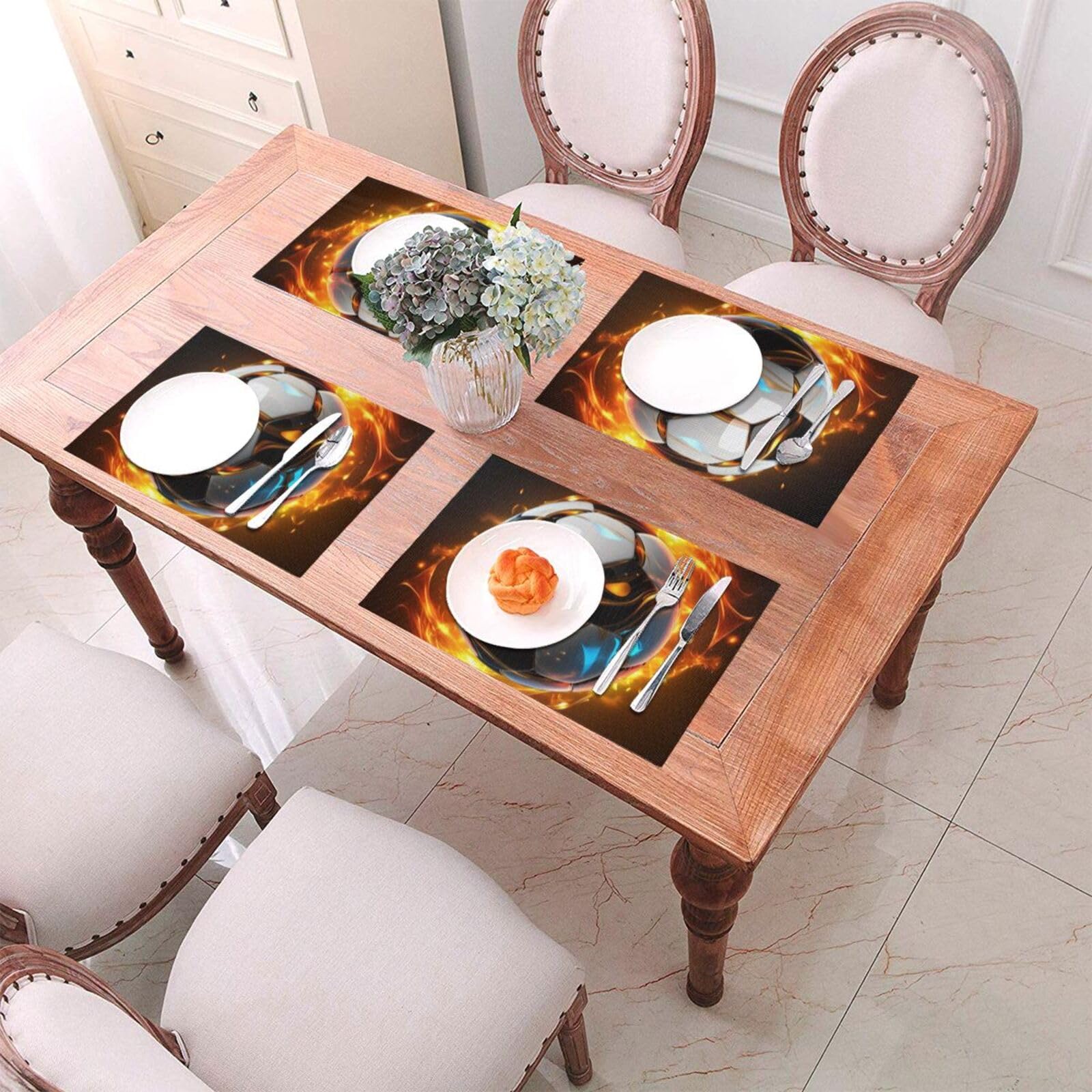 Set di 6 tovagliette all'americana in PVC, motivo palla da calcio, per tavolo da pranzo, resistenti al calore, antiscivolo, lavabili, per interni ed esterni, 30,5 x 45,7 cm