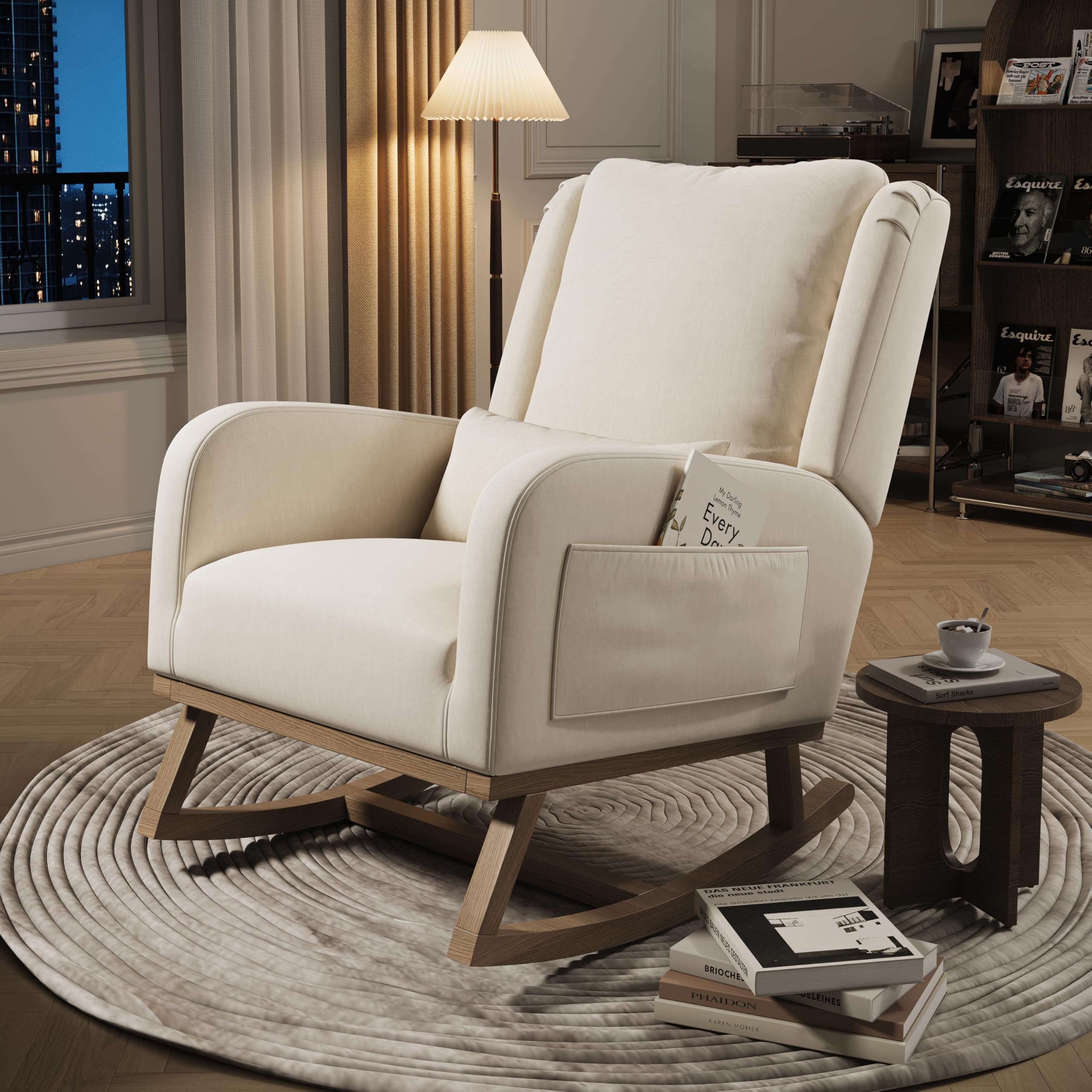 BRILVERDE Mecedora, mecedora con bolsillos laterales, cómoda tumbona acolchada con cojines para la cintura, mecedora de madera, para salón, dormitorio, balcón (lino, beige)