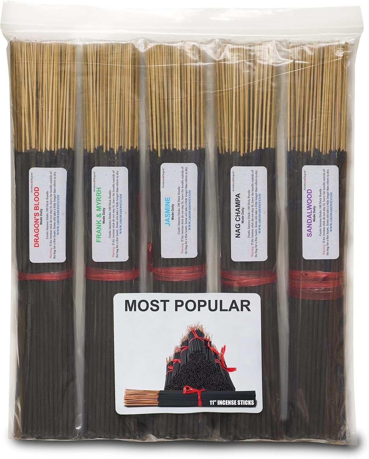 5 Most Popular Variety Set 500 Pack Approx. 85 to 100 Sticks Per Bundle, Length - 11'' Inches, Dragon's Blood - Frank & Myrrh - Jasmine - Nag Champa - Sandalwood. Guarantee 100% Pure