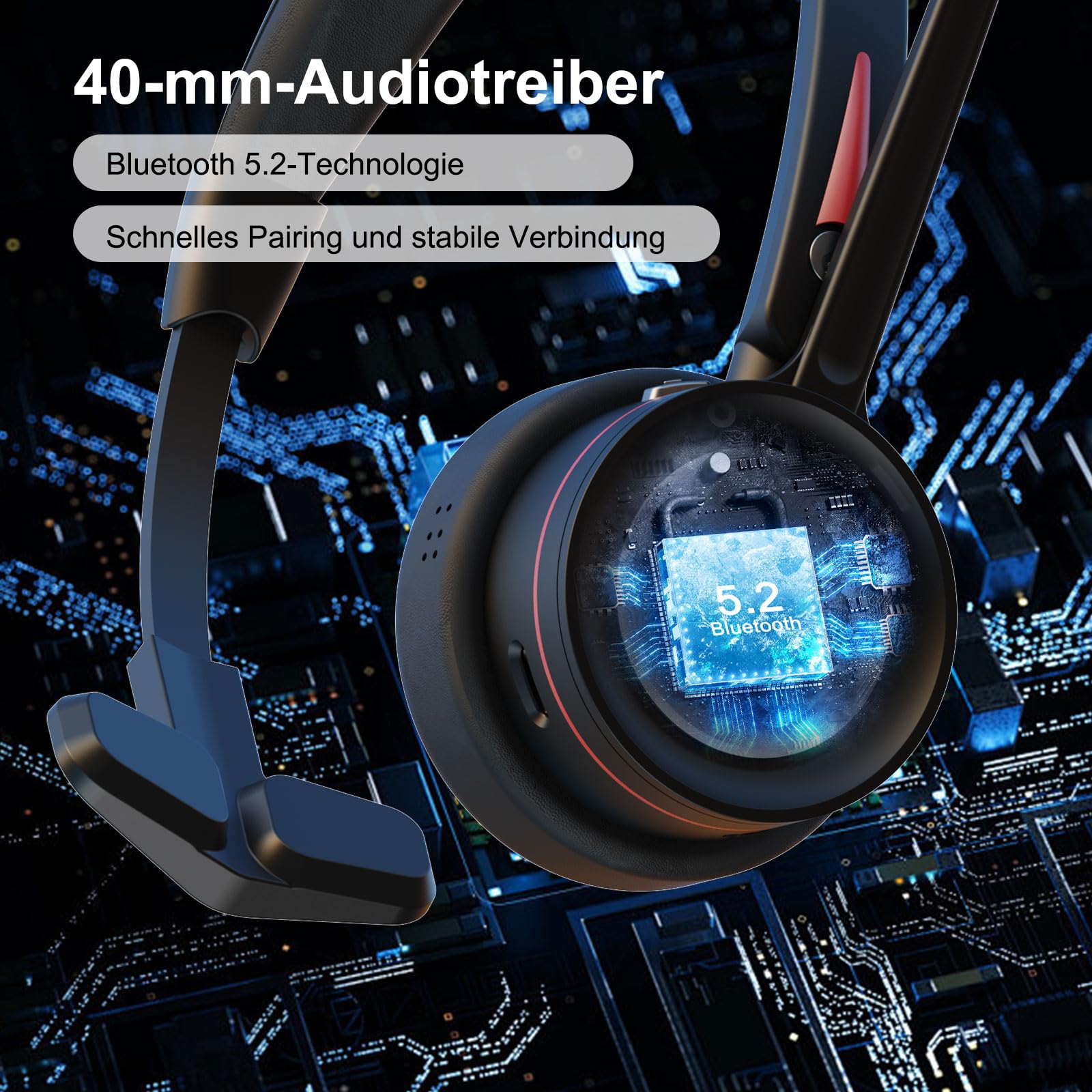 Bluetooth Headset mit Mikrofon für PC, Mono Wireless Headset mit USB Adapter & Ladestation, 40 Stunden Sprechzeit, Mono kabelloses für Arbeit Laptop Handy Microsoft Teams Telefon