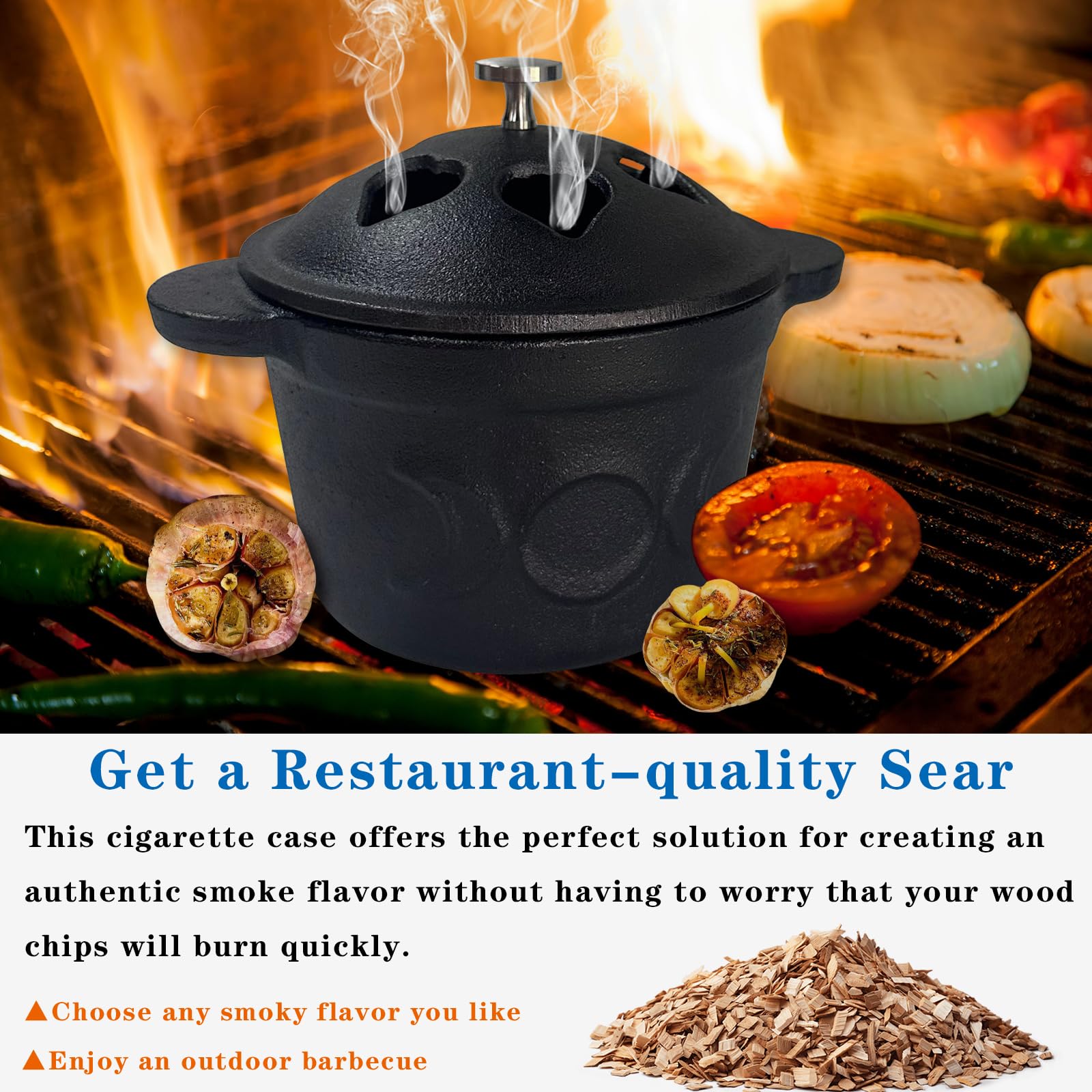 Asador ahumador de hierro fundido y asador de ajo, horno holandés pre-sazonado, asador de ajo de hierbas gourmet para horno de parrilla, caldero de hierro fundido de triple luna con tapa, caja 4