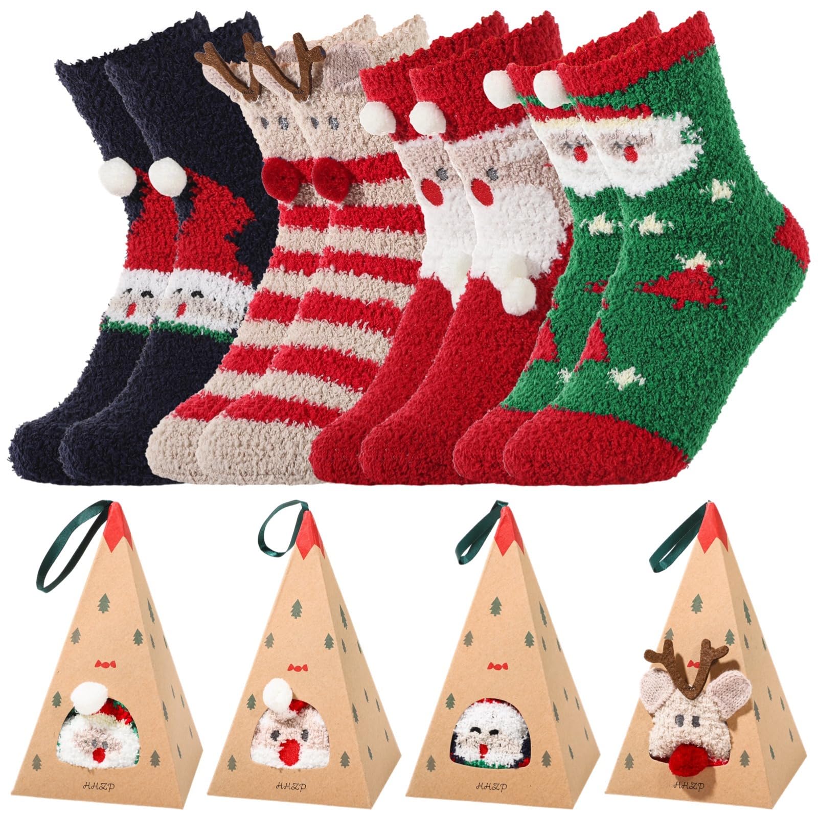 4 Paar Weihnachtssocken, kuschelige Korallfleece-Socken für Damen, weiche winterliche Flauschsocken mit Geschenkboxen, Haussocken, Bettsocken, Santa- und Rentier-Motiv, Geschenk für Festtage