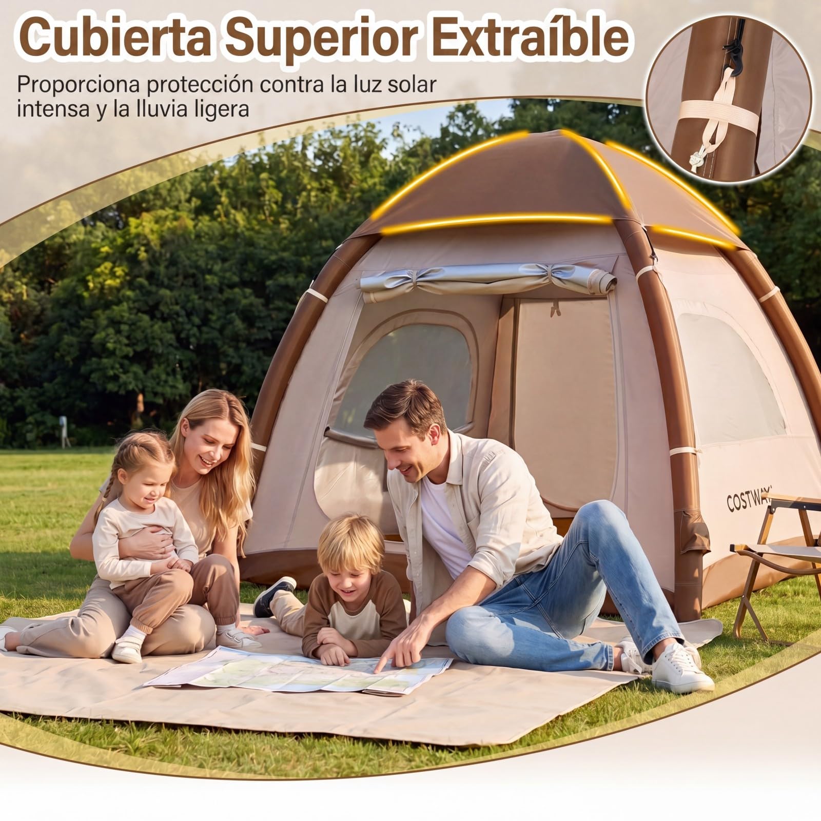 COSTWAY Tienda de Campaña para 2-4 Persona, Tienda de Campaña Hinchable con Bomba de Aire, Puertas y Ventanas de Malla, Estacas y Cuerdas de Sujeción, Bolsa de Transporte, 208 x 208 x 196 cm