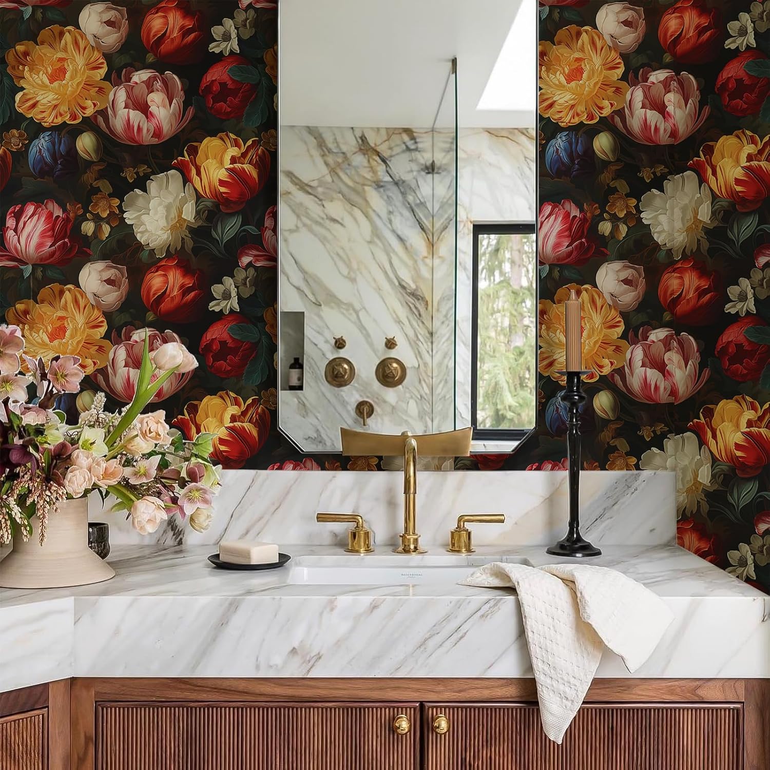 VEELIKE 17.7''x354'' Antique Dutch Tulips Wallpaper Peel and Stick Vintage Dark Floral Wall Mural Self Adhesive Removable Wallpaper for Bedroom Girls Room