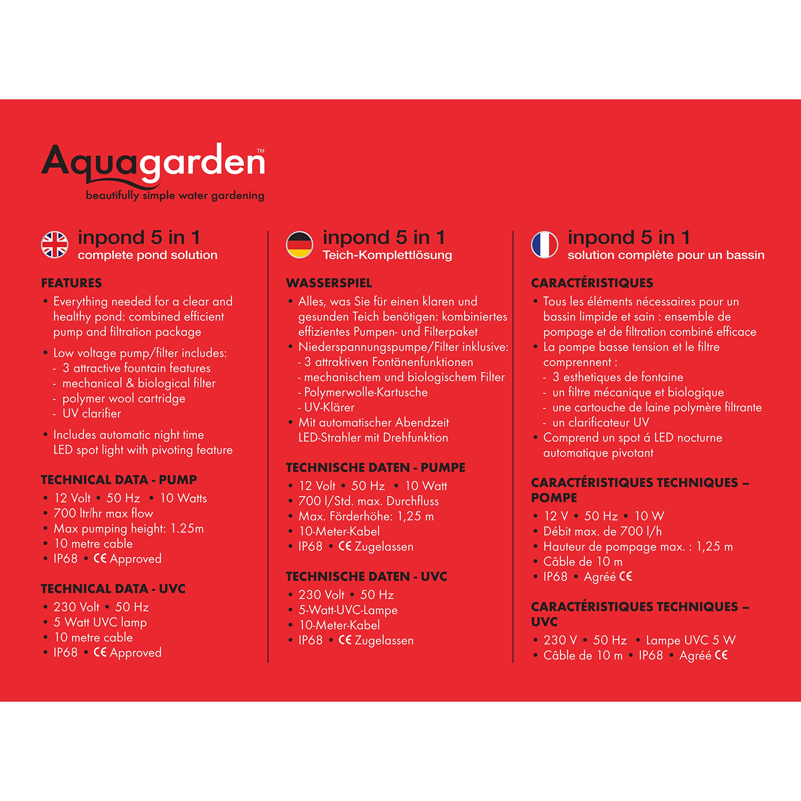 Aquagarden Inpond 3000, Bassin et pompe à eau, filtre, clarificateur UV, spot LED et fontaine, solution tout-en-un pour un beau bassin propre et limpide, pour des bassins jusqu'à 3000 litres
