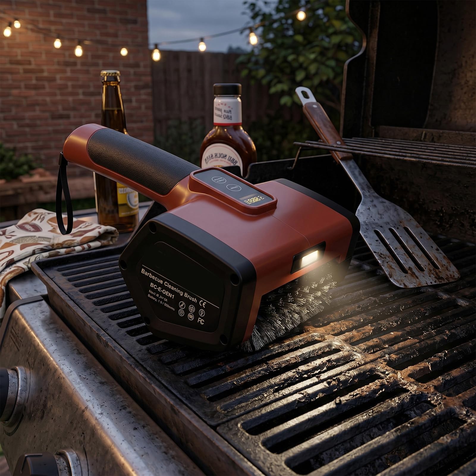 Sxhlseller Spazzola per Barbecue Elettrica con Luce LED, Lavapavimenti per Barbecue Ricaricabile da 3000 MAh con Testa Rotante in Acciaio Inossidabile 304 e Design Ergonomico della Maniglia