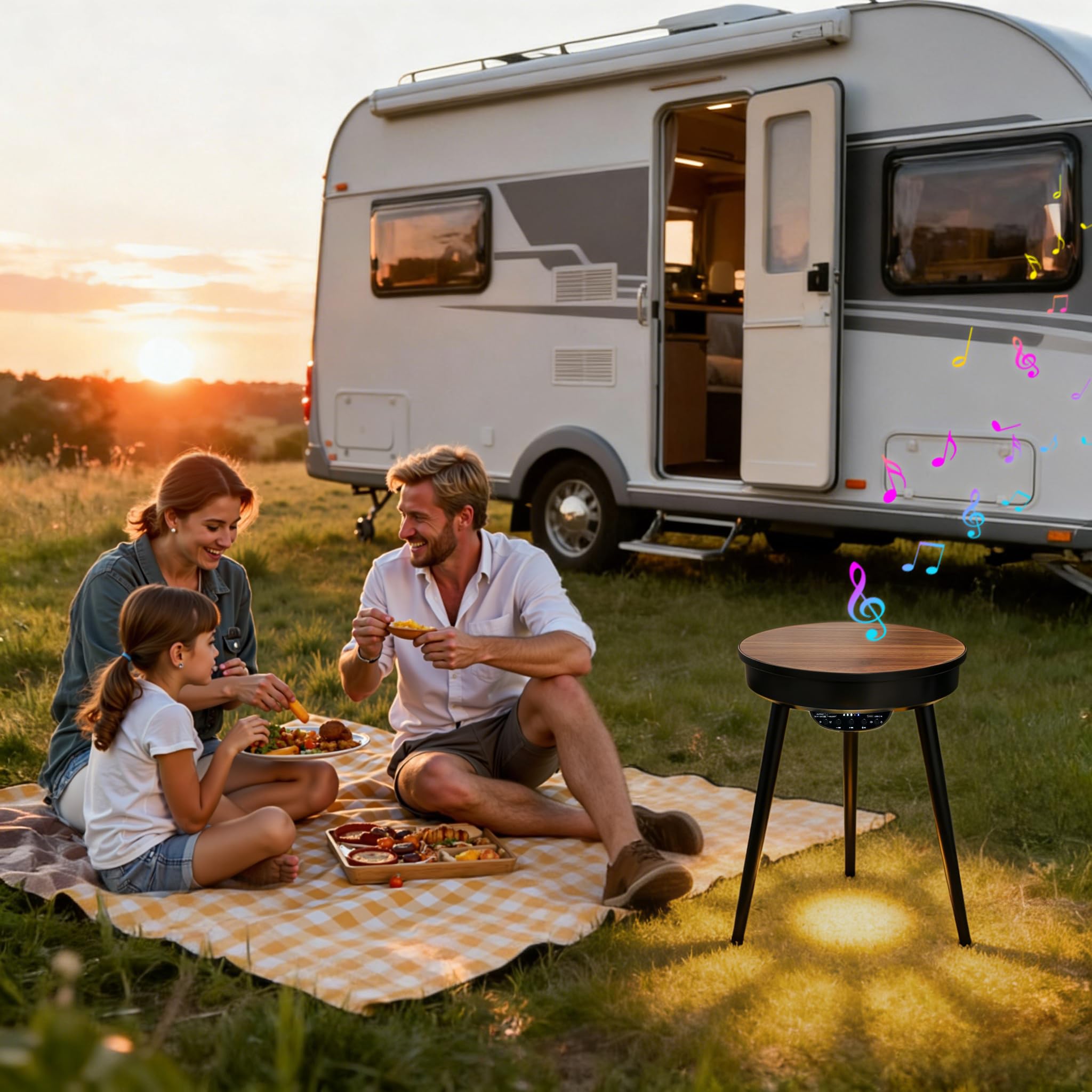 FATIVO Tavolino Basso con Bluetooth Speaker per Soggiorno: Comodino Piccolo camera da letto Rotondo Tavolino Caffè in Legno da Salotto con Porta USB, 40x40x57 cm