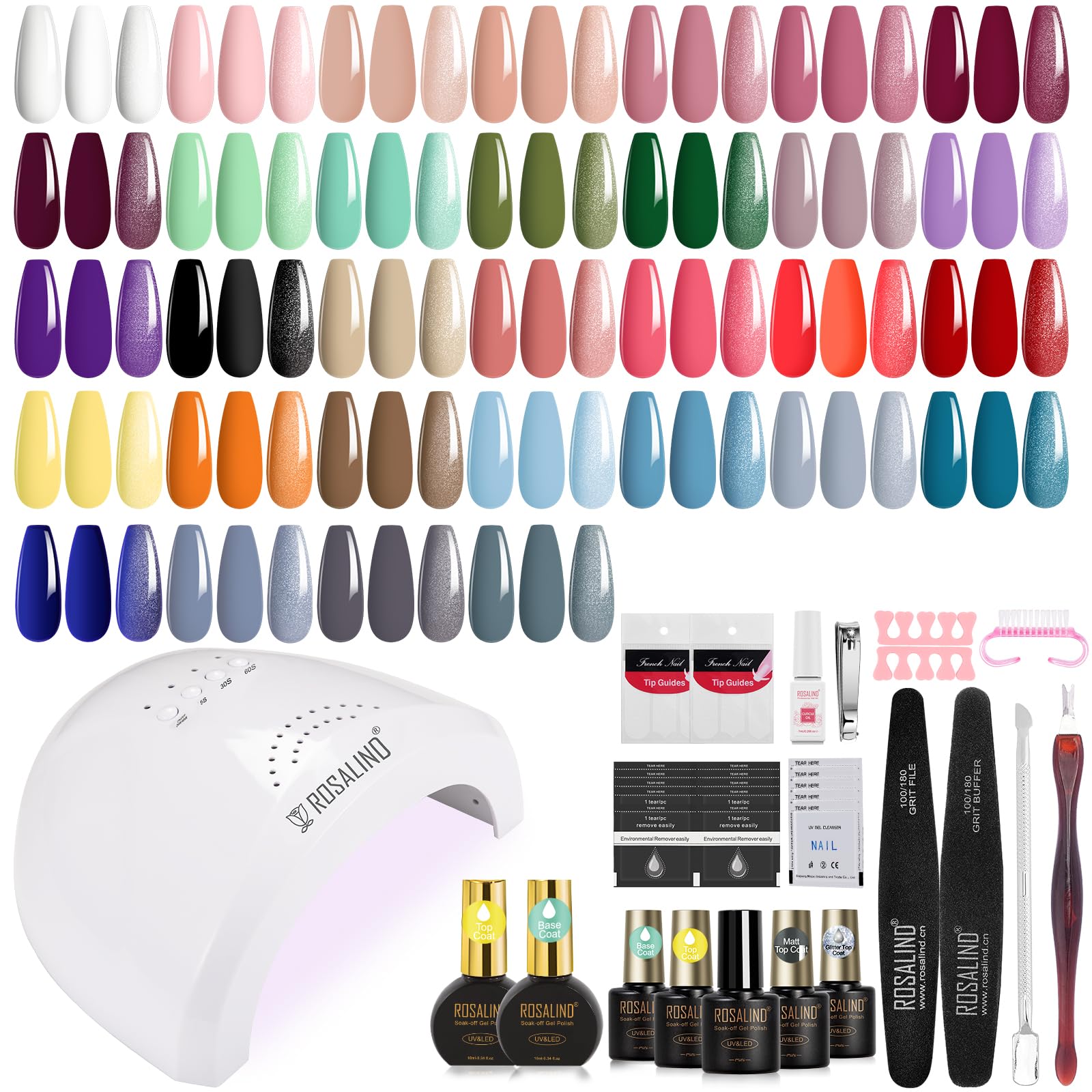 ROSALIND Uñas Semipermanentes Kit Completo Lámpara 48W, 32+4 Piezas Kit Uñas Semipermanentes Blanco Verde Morado Azul Marrón Gris Pintauñas Gel Manicura Regalo