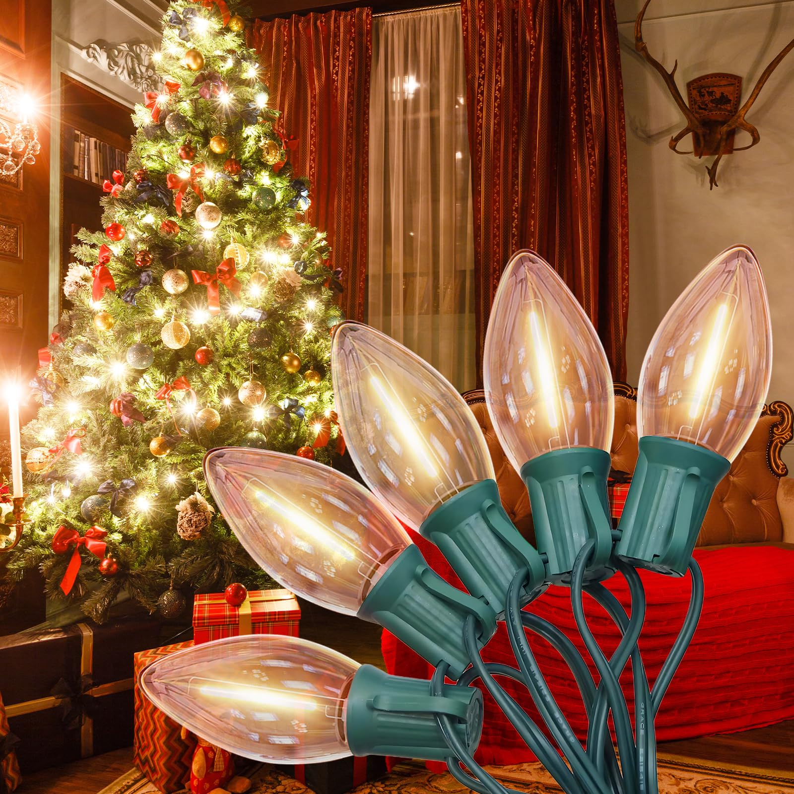 C9 LED Christmas Lights Outdoor, 25FT Green Wire, Warm White Vintage Patio Hanging Lights, Waterproof for Porch, Xmas Tree, Holiday Party Décor