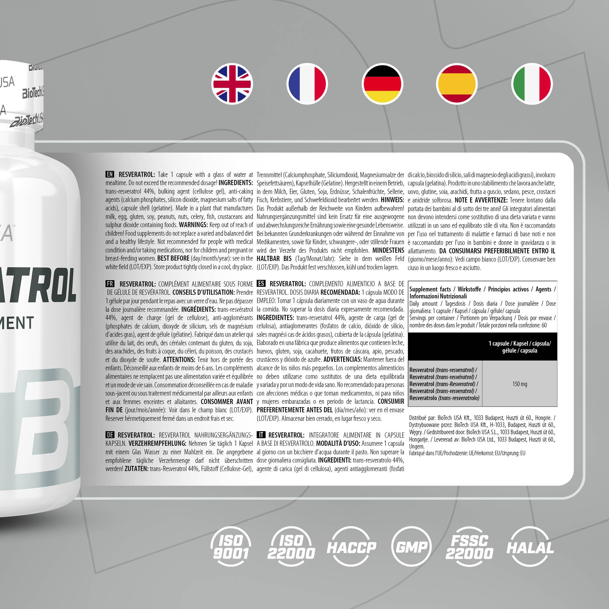 BioTechUSA Resveratrol | 150 mg par portion, trans-resvératrol | Antioxydant| Longevity | Sans gluten ni lactose, 60 gélules