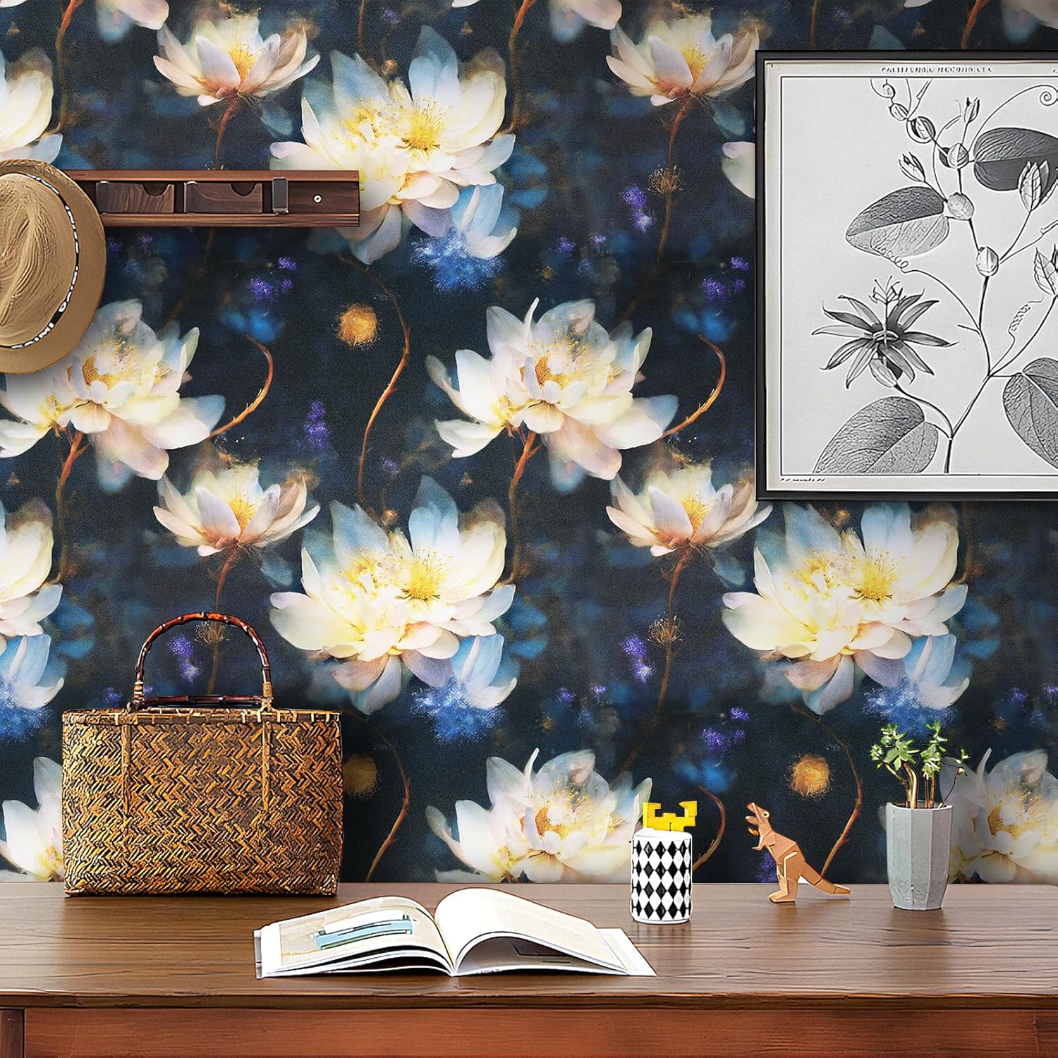 YENHOME Lotus Floral Wallpaper Dark Floral Peel and Stick Wallpaper Vinyl Flower Wall Art 17.5"X118" Prepasted Vintage Dark Flower Contact Paper Peel and Stick Renter Friendly Wall Paper for Bedroom