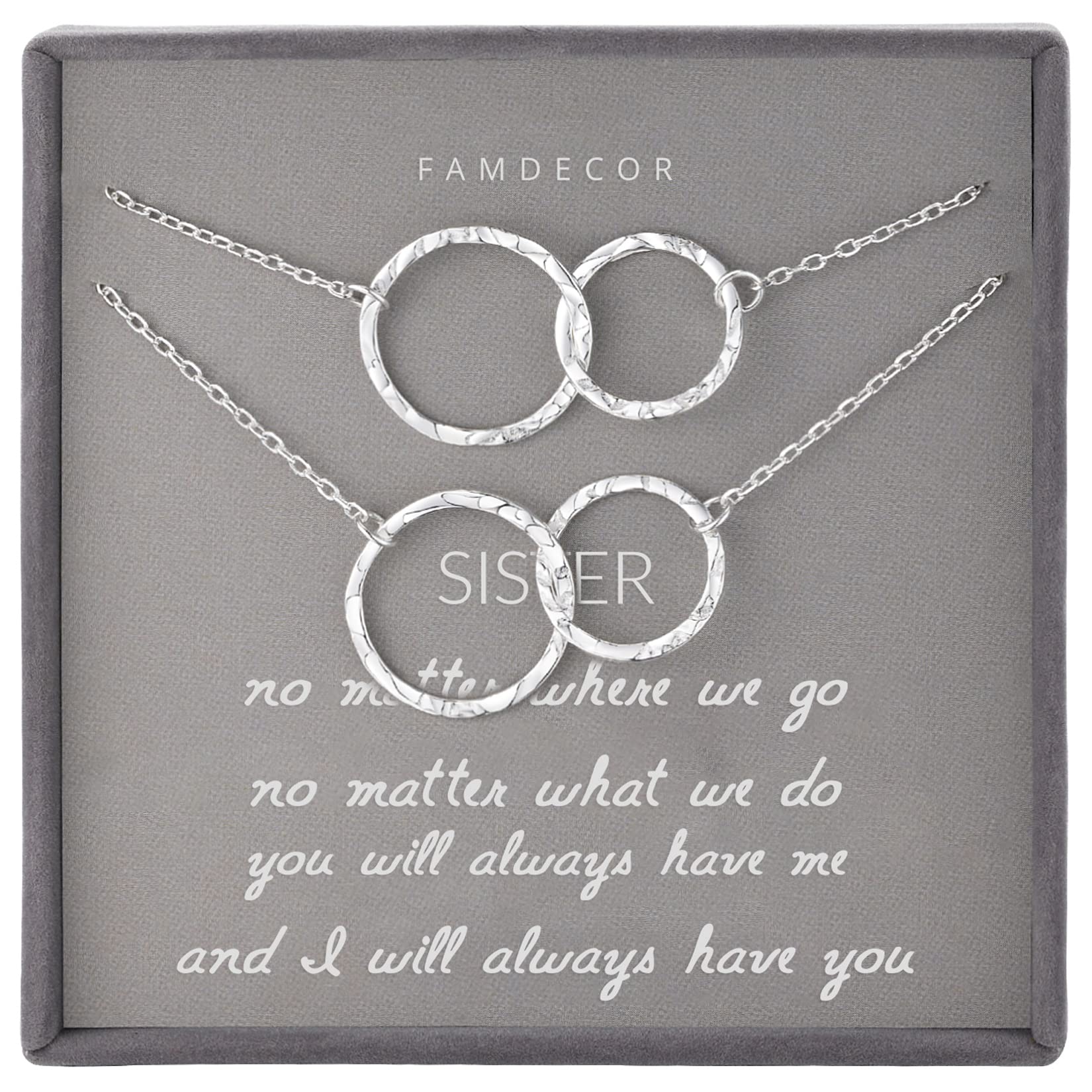 FamdecorSister Gifts for Sister Necklaces Sterling Silver Hammered Interlocking Circle Necklace for Sister Birthday Gifts Christmas Holiday Jewelry