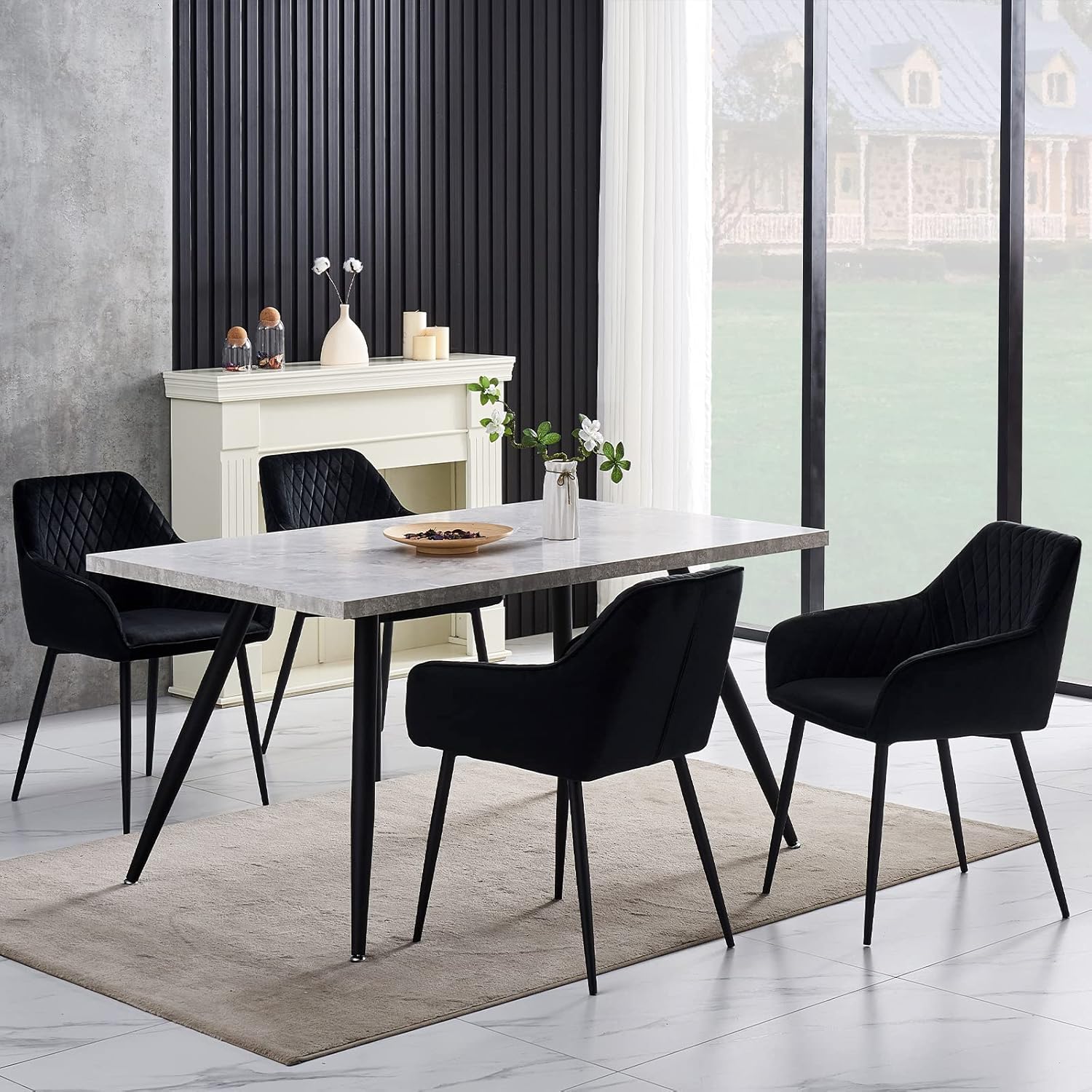 Set of 4 Scandinavian Black Velvet Dining Chairs with Backrest