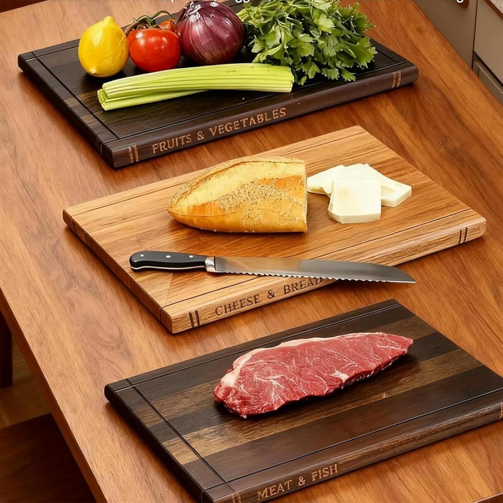 Tabla De Cortar Con Forma De Libro, Tabla De Cortar De Cocina, Tabla De Cortar Decorativa, Madera Maciza De Acacia, Juego De Tres Piezas Con Soporte,Para Uso Doméstico y De Entretenimiento.