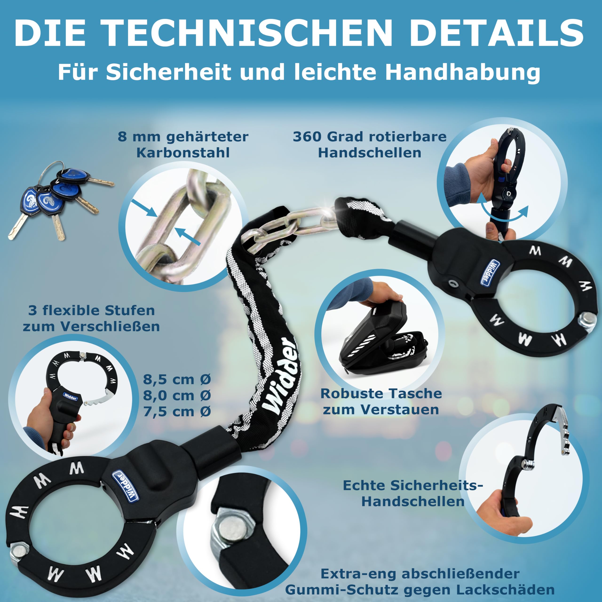 WIDDER Sicheres Handschellenschloss [80cm lang, 4 Schlüssel, 8mm Massiv Stahl] E Scooter Schloss mit Tasche – Handschellen Schloss für e Roller & Fahrrad - Fahrradschloss, e-scooter & e bike lock