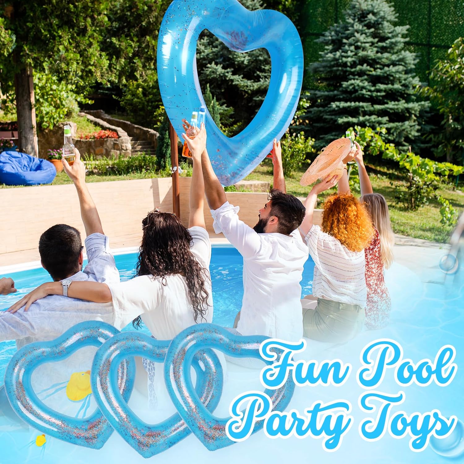 3 Pieces Inflatable Heart Pool Float, Glitter Inflatable Swim Rings Bachelorette Party Pool Float Tube, Heart Shaped Summer Swimming Ring, Water Beach Party for Adults