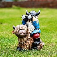 Solar LED Garden Gnome on Highland Cow Statue - Resin Outdoor Figurine with Telescope Lights, Waterproof Decor