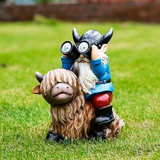 Solar LED Garden Gnome on Highland Cow Statue - Resin Outdoor Figurine with Telescope Lights, Waterproof Decor