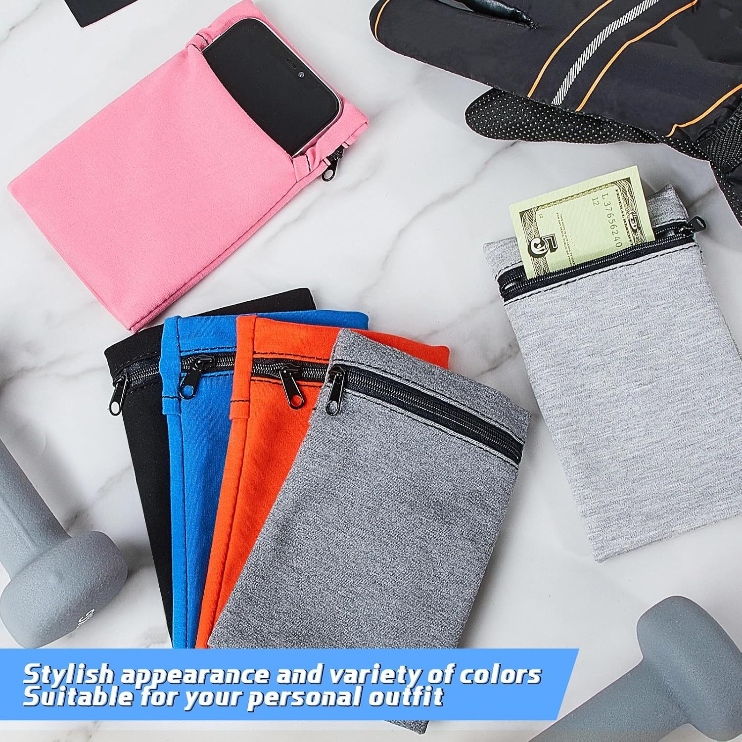 Deekin 6 Pieces Zipper Wrist Pouch Wallet Travel Pocket Purse Wrist for Women Wallet Band for Men Card Key Running Walking Hiking Basketball, 6 Colors