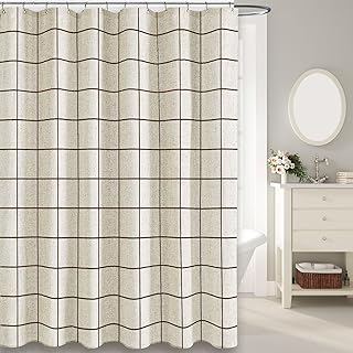 Farmhouse Plaid Shower Curtain Beige Linen Shower Curtains for Bathroom ...