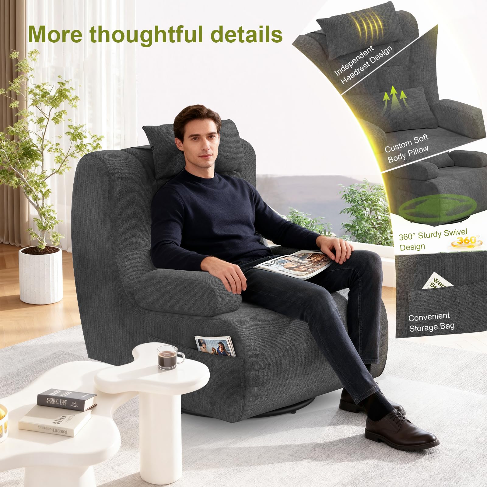 Fauteuil Salon pour Salon avec 2 Coussins Supplémentaires, Dossier et Coussin Rembourrés, 2 Poches Latérales, 360° Fauteuil Pivotant per Home Cinéma, Fauteuil Surdimensionné à Dossier Haut