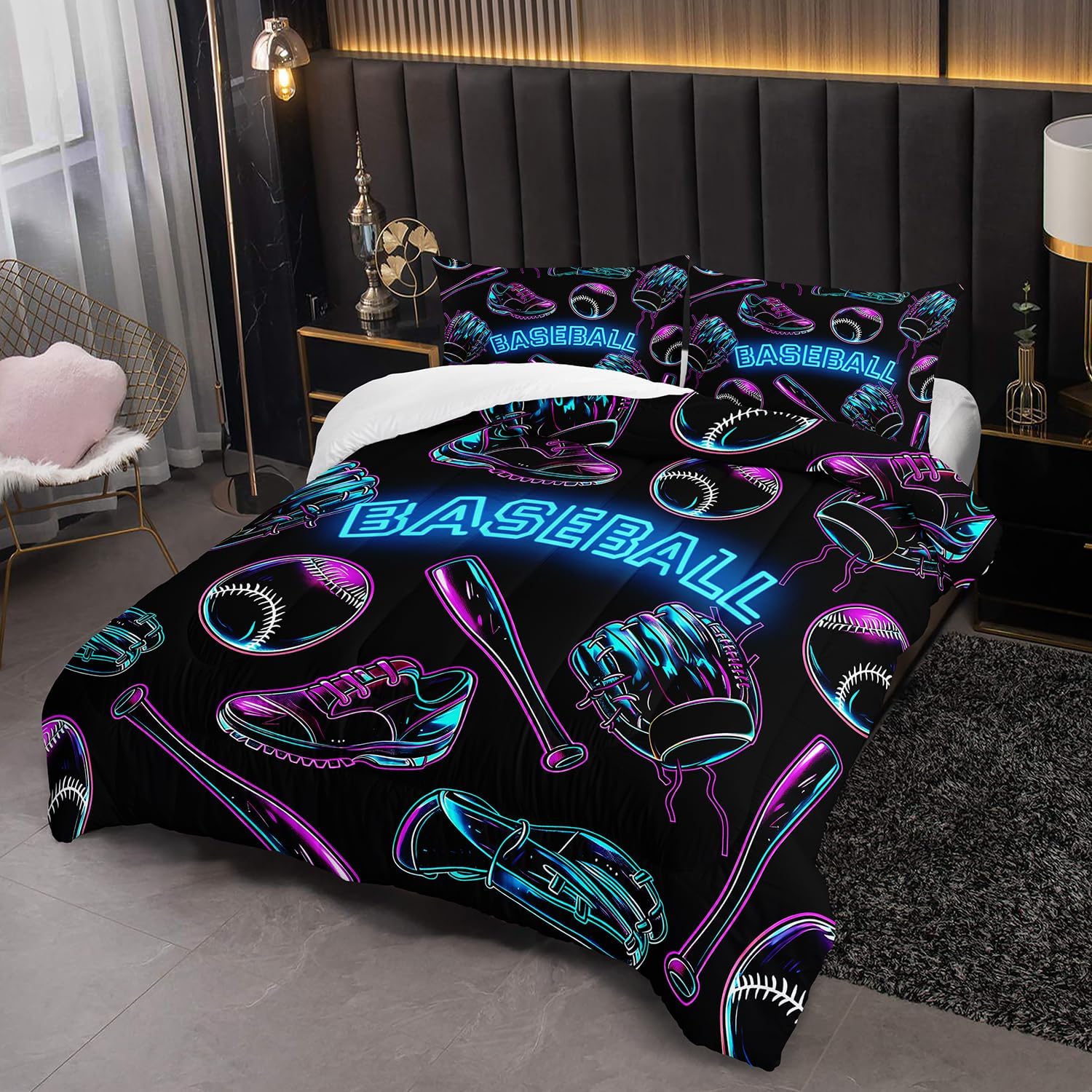 Baseball Sports Theme Comforter Set 3Pcs Twin Sneaker Baseball Bat Gloves Bedding Set for Kid Teen Girl Boy Adult National Sports Games Shoes Quilt Bed Decor with 1 Comforter and 2 Pillowcases