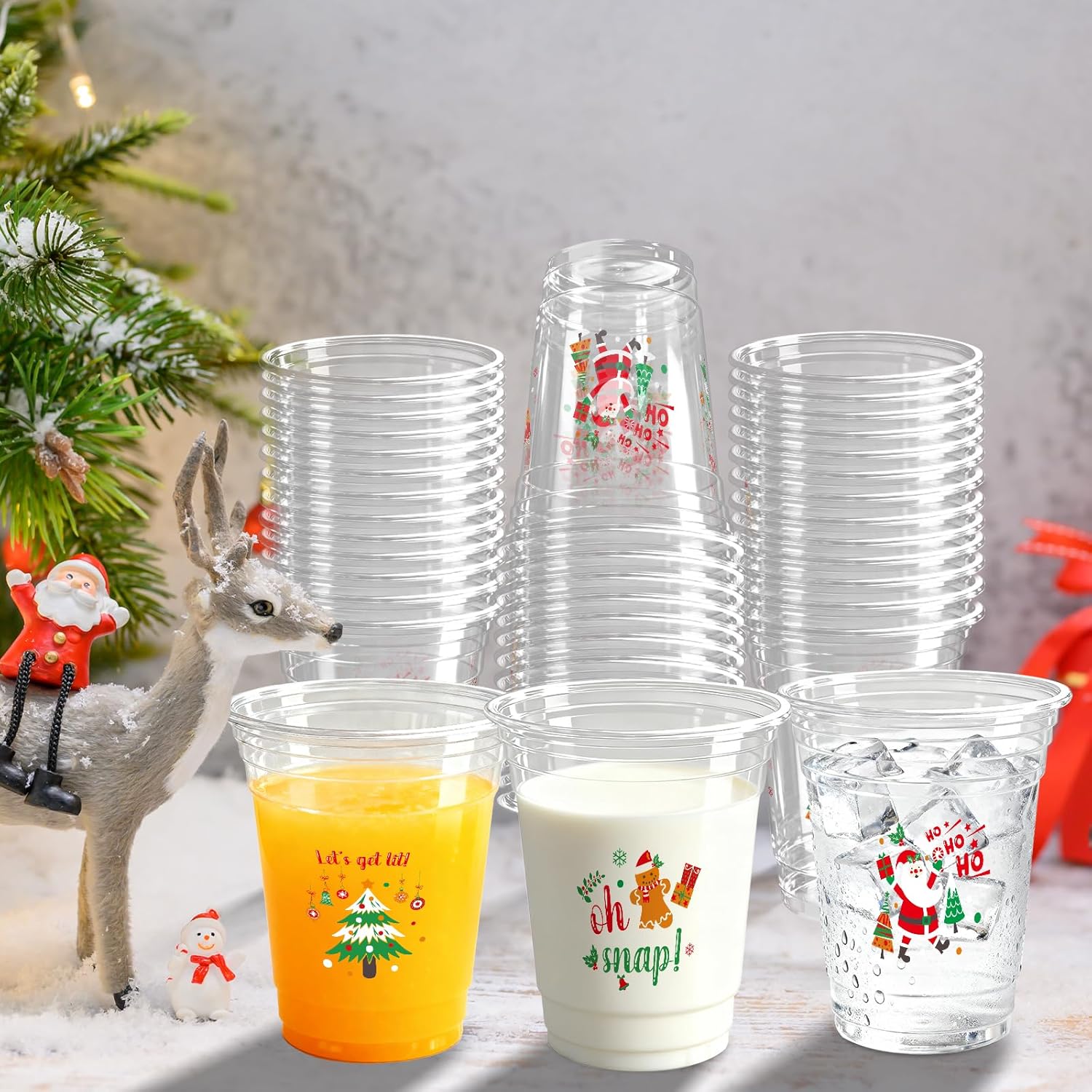 100 Pack Christmas Plastic Cups Disposable 12oz Merry Christmas Clear Plastic Party Cups Xmas Tree Gingerbread Man Santa Claus Clear Cups Bulk for Beverage Coffee Xmas Holiday Party Favors - Image 4