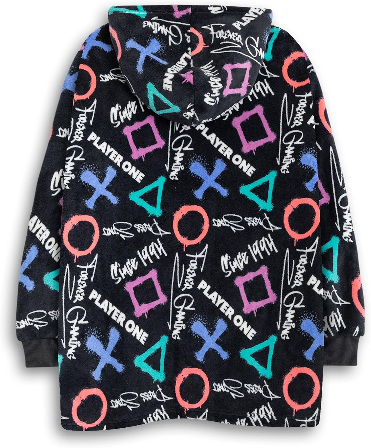 PlayStation Player One Boys Black Blanket Hoodie | Long Sleeve Cosy Fleece with Colourful Graphics | Gaming Loungewear for Gaming Sessions Merch