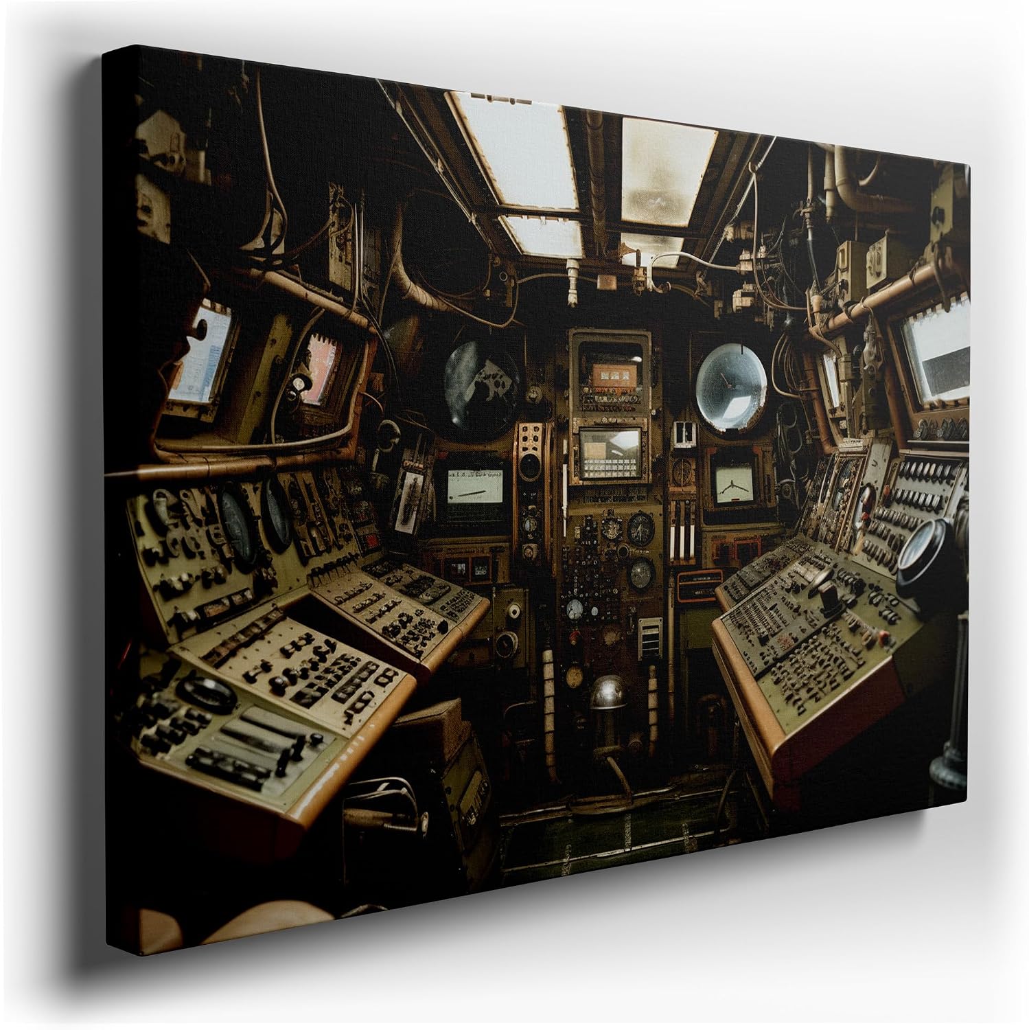 Canvas for Living room. Narrow Confines and Intricate Controls The Submarine's Heartbeat Unveiled, 27 x 18 inch Canvas Wall Art - Ready to Hang