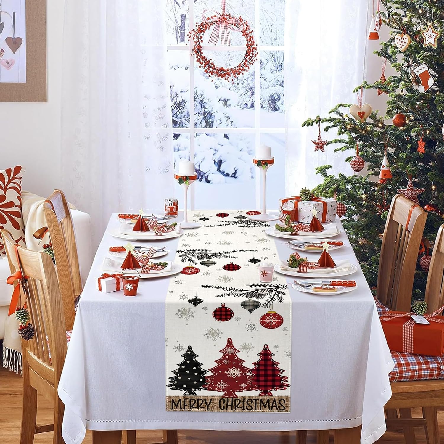 Red Pine Trees Christmas Table Runner 72 inches Long Table Decor