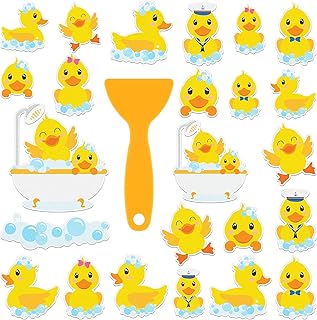 24 PCS Yellow Duck Non Slip Shower Stickers Cute Cartoon Duck Anti Slip Bathtub Decals Bathroom Floor Decor Bathe Treads Decorations Adhesive Appliques with Scraper