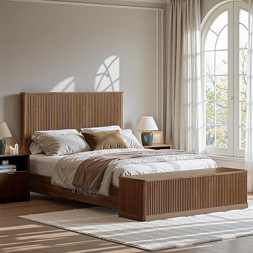Walnut Fluted Queen Bed Frame with 51''Tall Headboard & Storage