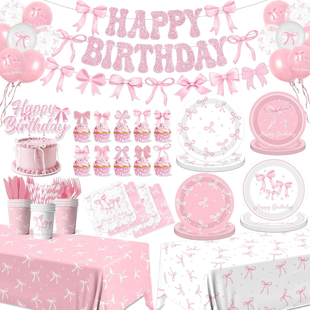 Suministros para fiesta de cumpleaños con lazo rosa, sirve 24, decoraciones de cumpleaños coquetas que incluyen platos con lazo, servilletas, vasos, pancarta, mantel, adorno para pastel, globos, vajilla temática con lazo para decoración de despedida de soltera para niñas