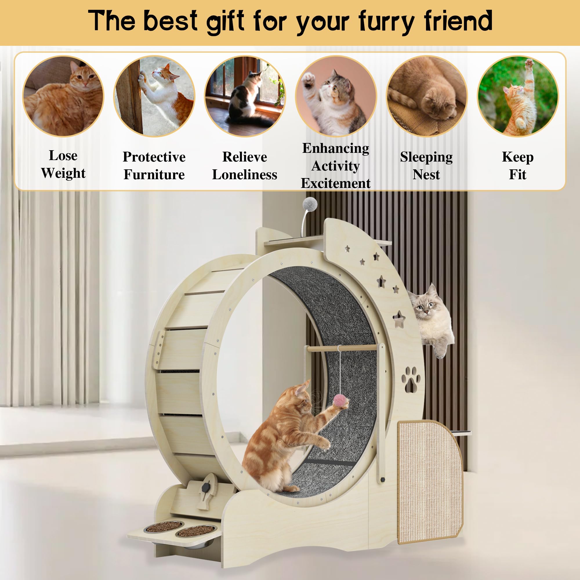 Ruota per Gatti 5 in 1 in Legno Multifunzionale Bloccabile Ruota per Esercizi per Gatti Tiragraffi a Scaletta per Gatti a 3 Livelli con 2 Ciotole Giocattoli Interattivi per Gatti