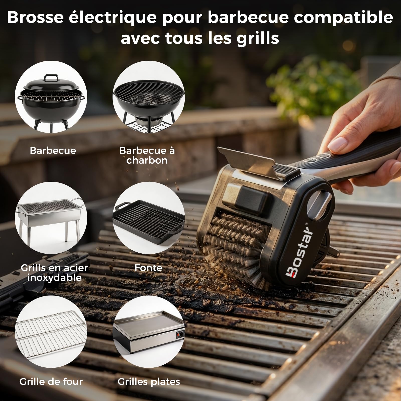 Bostar Brosse Barbecue Électrique sans Fil - 4000mAh Nettoyeur avec Grattoir en INOX & Lampe LED, 450 TR/Min Couple Élevé pour Grille Gaz & Charbon, Inclut 1 Rouleau de Rechange